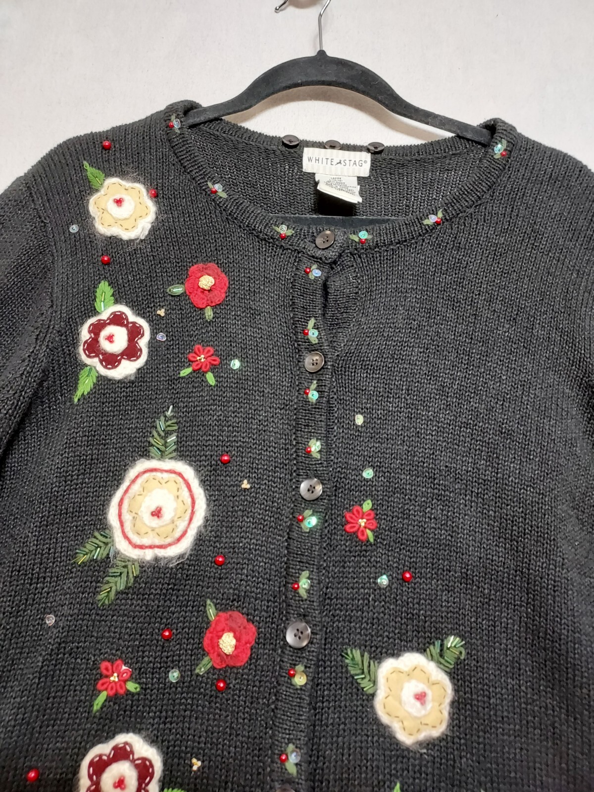 VTG Granny Core Sweater & SCARF Sz L White Stag Flowers Beaded Fringe Boho 2 Pc