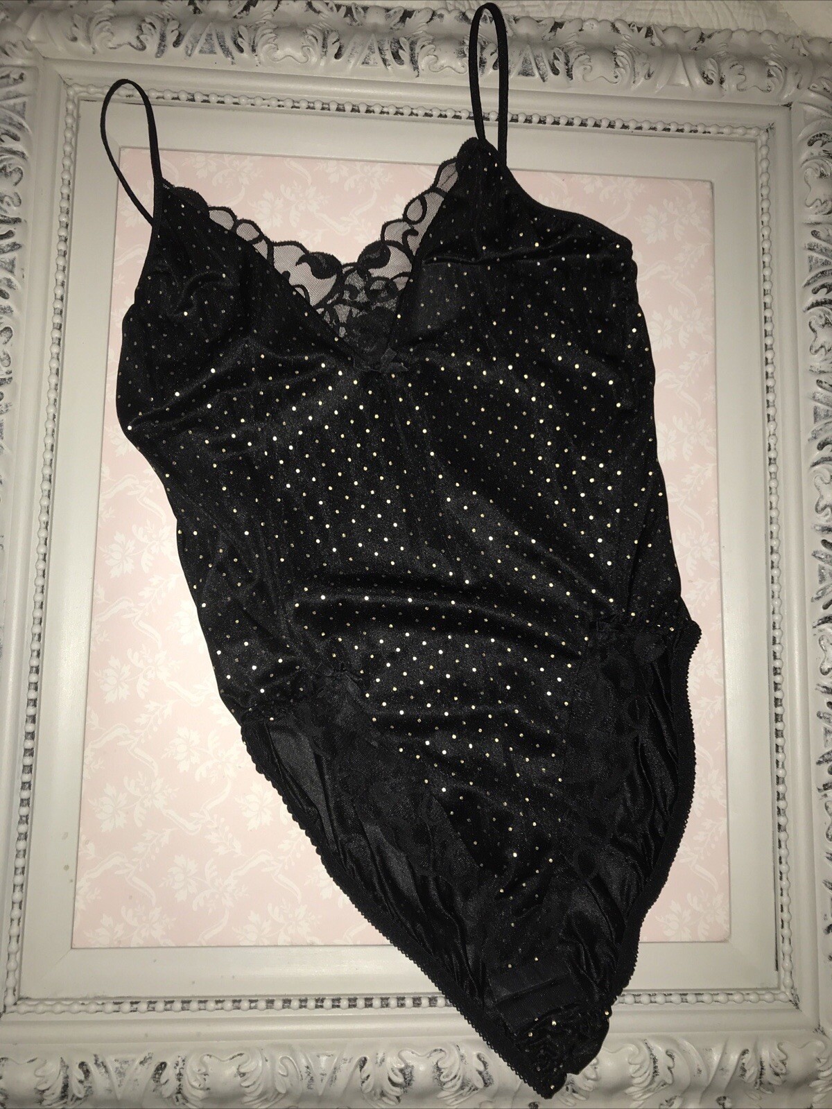 Vintage Teddy ROMPER Bodysuit ROMANTIC FASHIONS~stretch BLACK/GOLD DOT WOMANS M