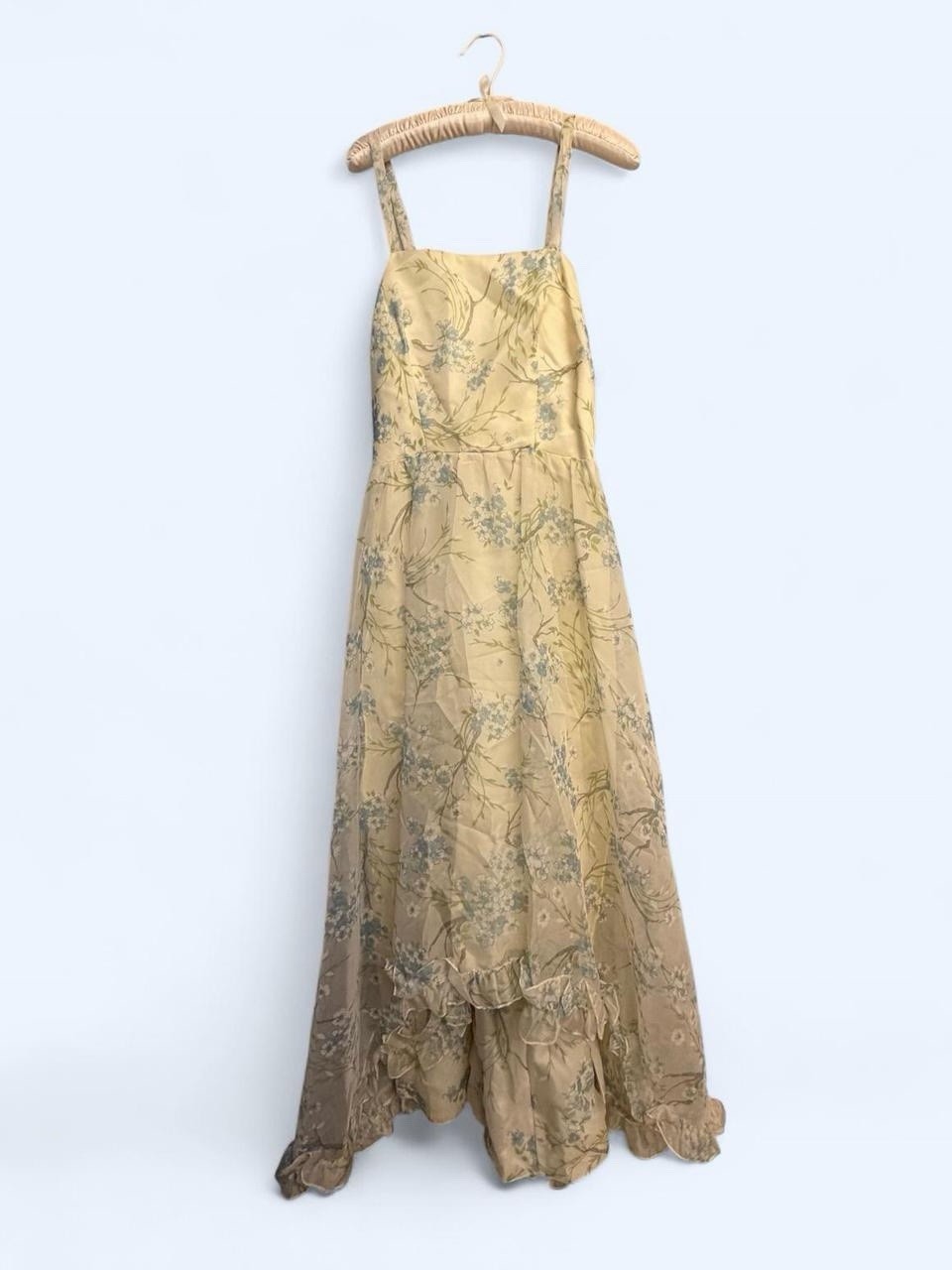 To Die For Vintage Cream and Betty Blue Floral Maxi Dress with Tiered Ruffles