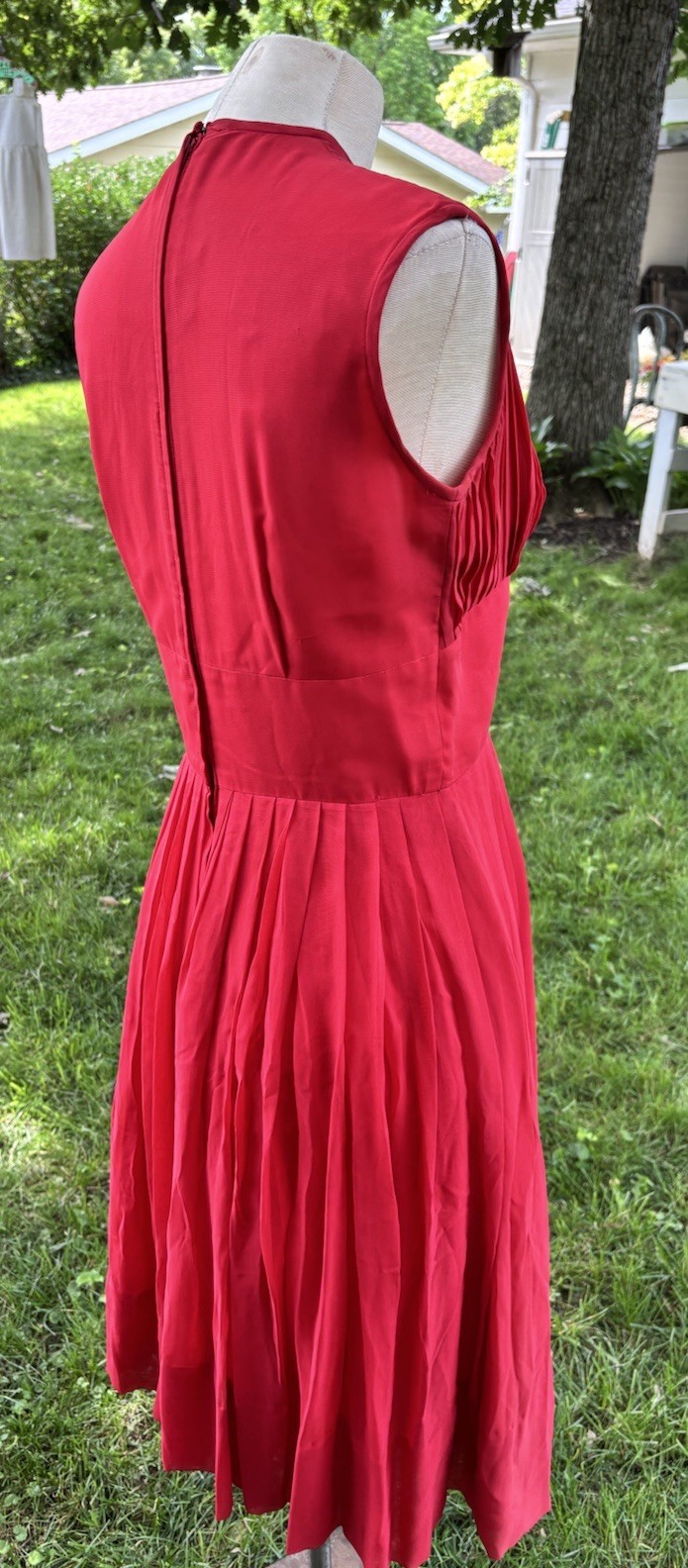 VTG 50s Dress Red Chiffon Pleated Retro Pinup Rockabilly Sz S 32x26x34″