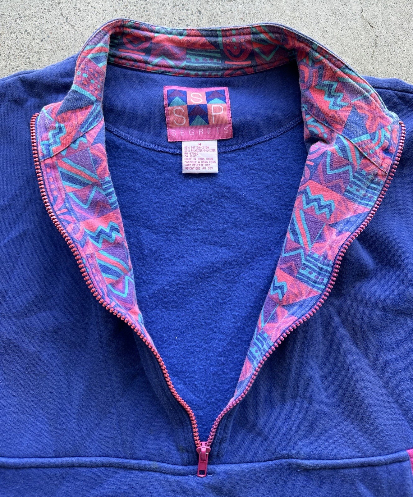 Vintage SSP Segrets Sun Prints Half Zip Blue & Pink Pullover Sweater Size M