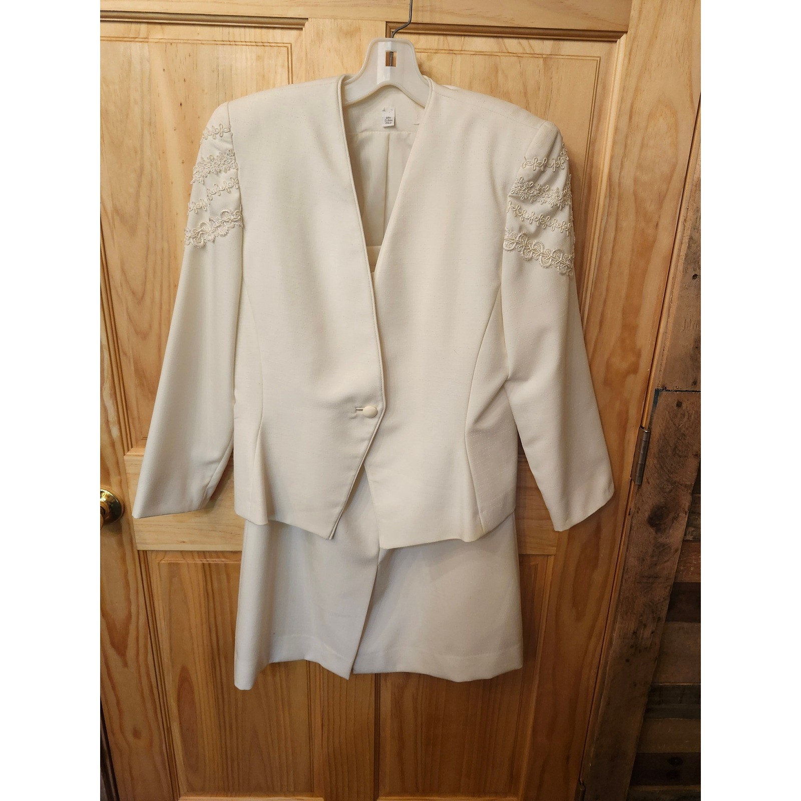 Vintage ILGWU Cream Skirt Suit Set Lace Shoulder Detail Ivory Union Made USA