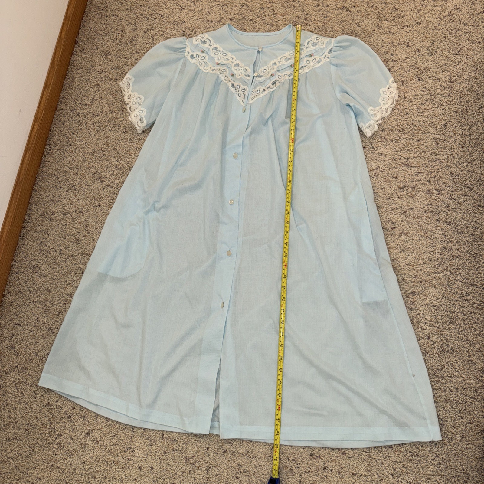 Vintage Light Blue House Coat Robe Lace Embroidery Flowers Pearl Buttons Pockets
