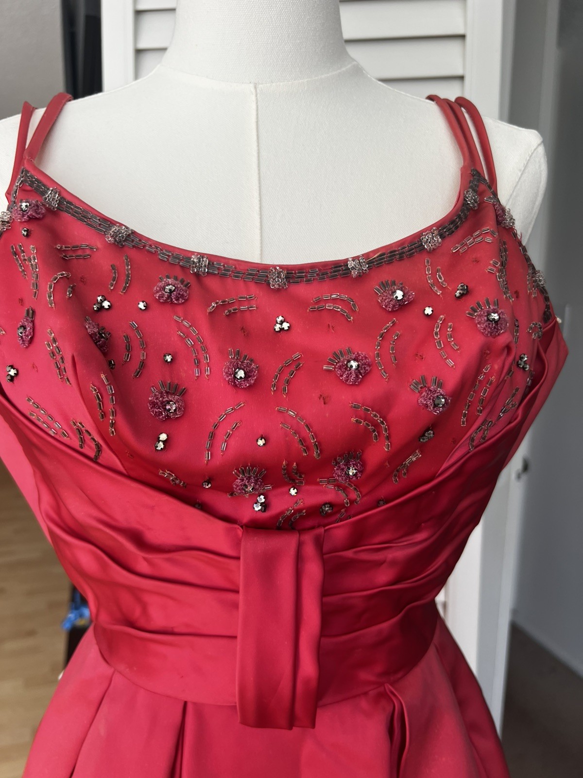 1949 Will Steinman Vintage Coral Satin Dress 22” Waist XXS Full Skirt 40s