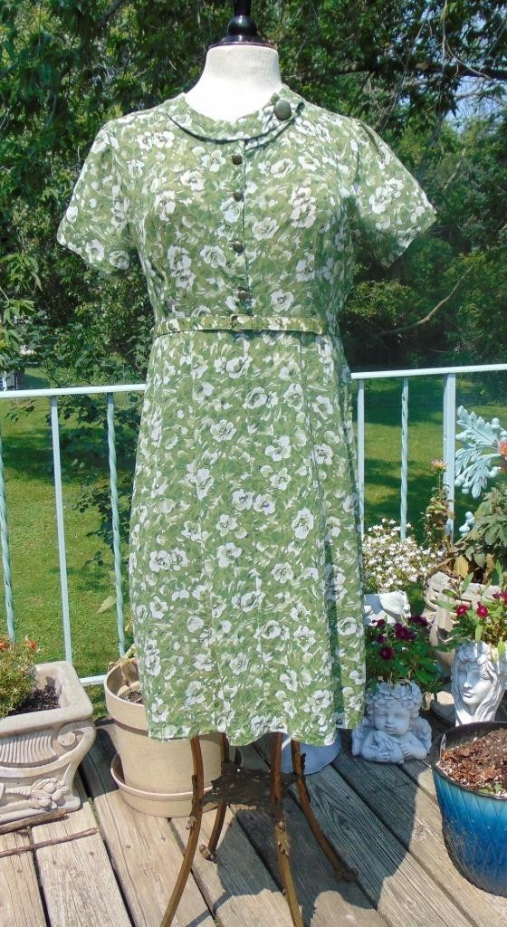 VTG 1950s Karen Kane Green Floral Voile Dress 36W