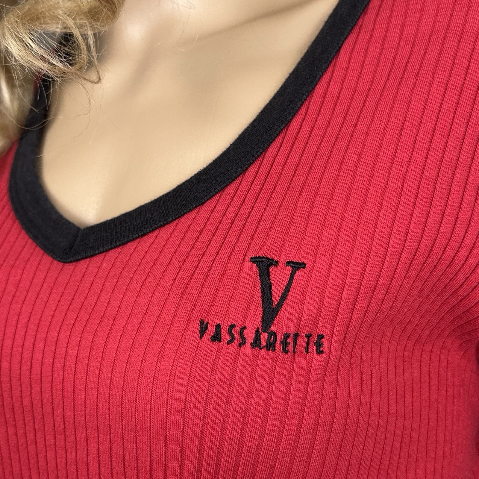 Vintage Vassarette Ribbed Baby Tee Red Black V Neck Logo Top Large 90s Y2K