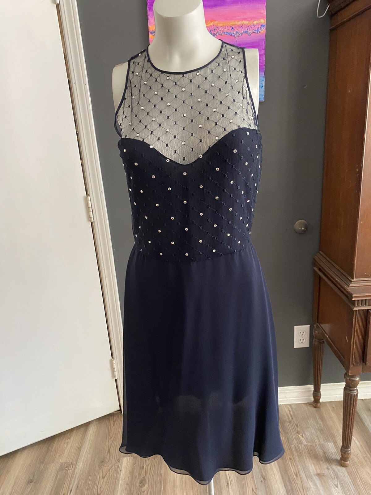 Pamela Dennis Sz 8 Navy Blue Lace & Rhinestone Silk Cocktail Party Sheath Dress