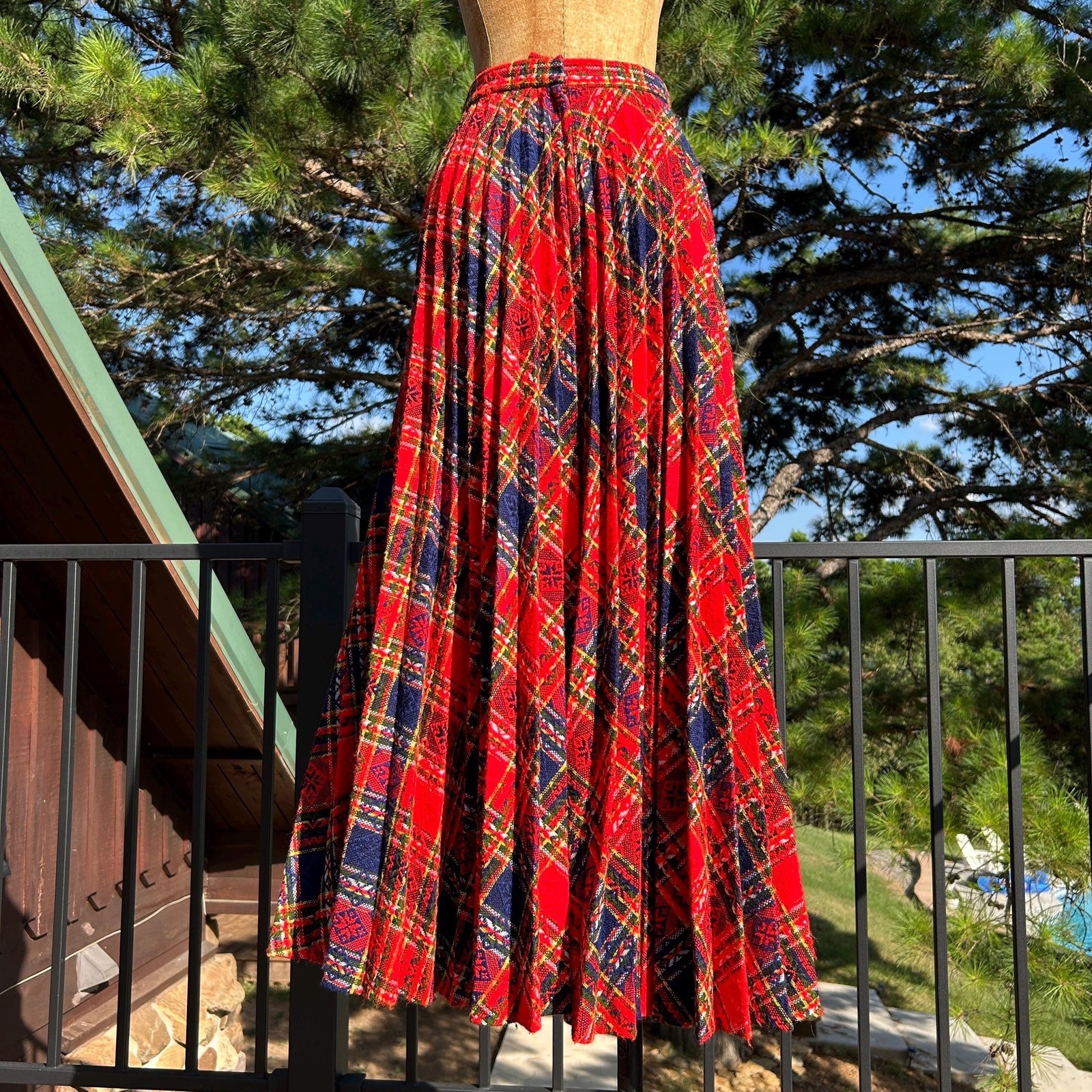 Vintage 60s Bold Tomato Red Plaid Accordion Fan Pleat High Waist Full Maxi Skirt