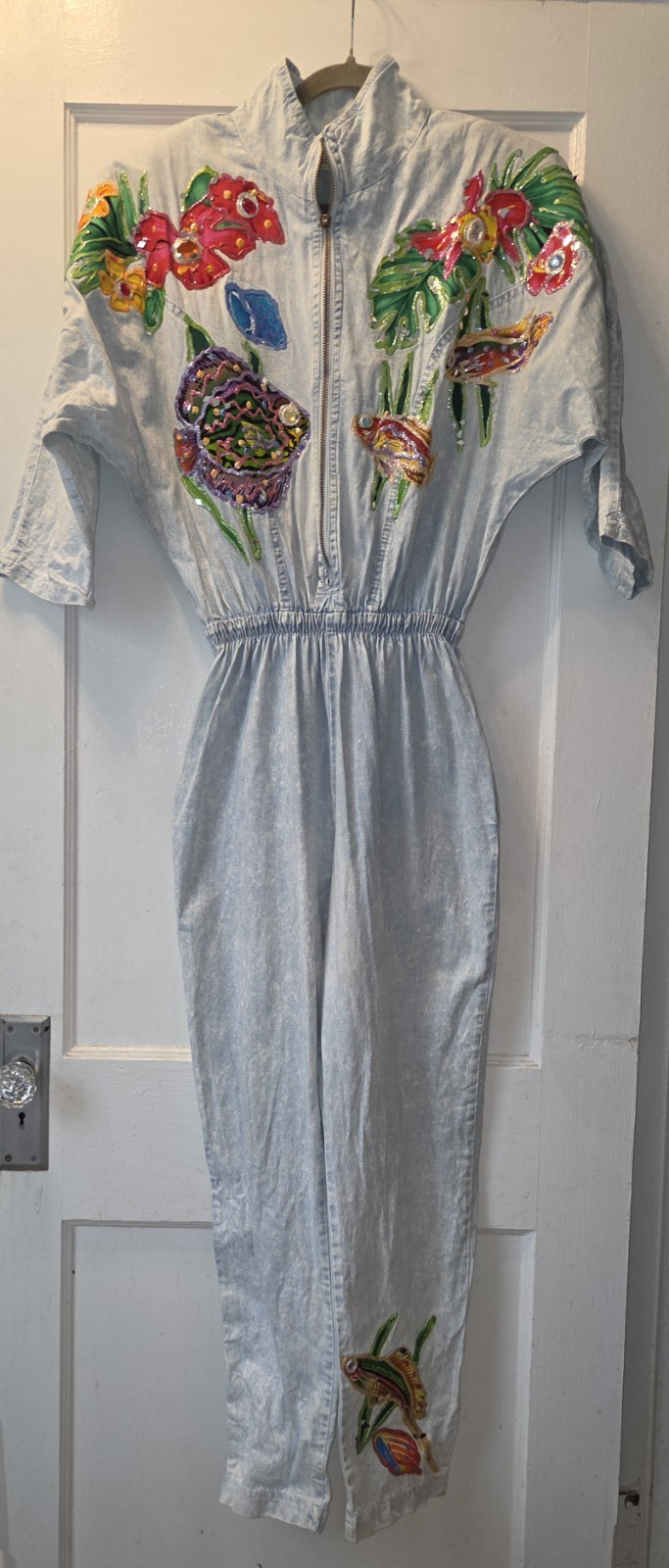 Vintage 80’s OOAK Handpainted Janika Designs Denim Jumpsuit. Fish. Art To Wear M