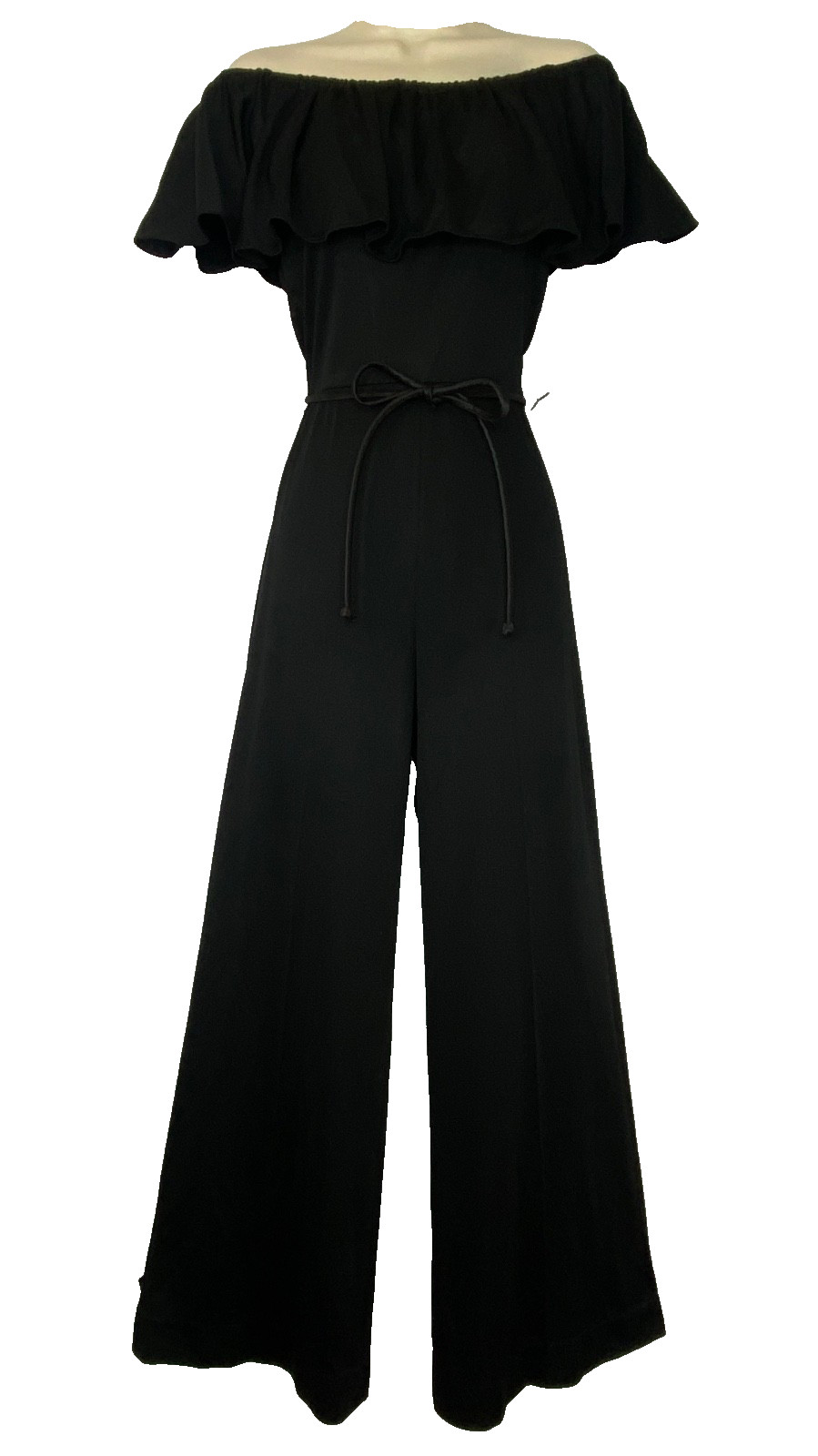 Vintage 1970s black off shoulder jumpsuit XS cape sleeve sleeveless wide leg