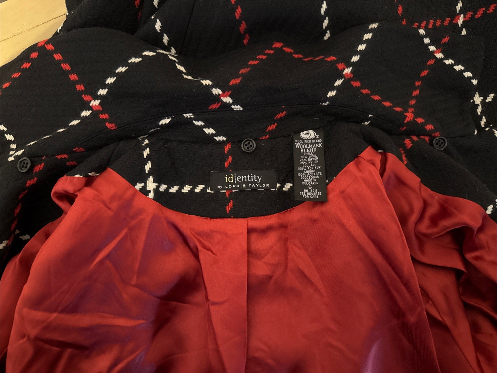Vintage Lord & Taylor Identity Black Red White Diamond Wool Blend Coat Luxury 6