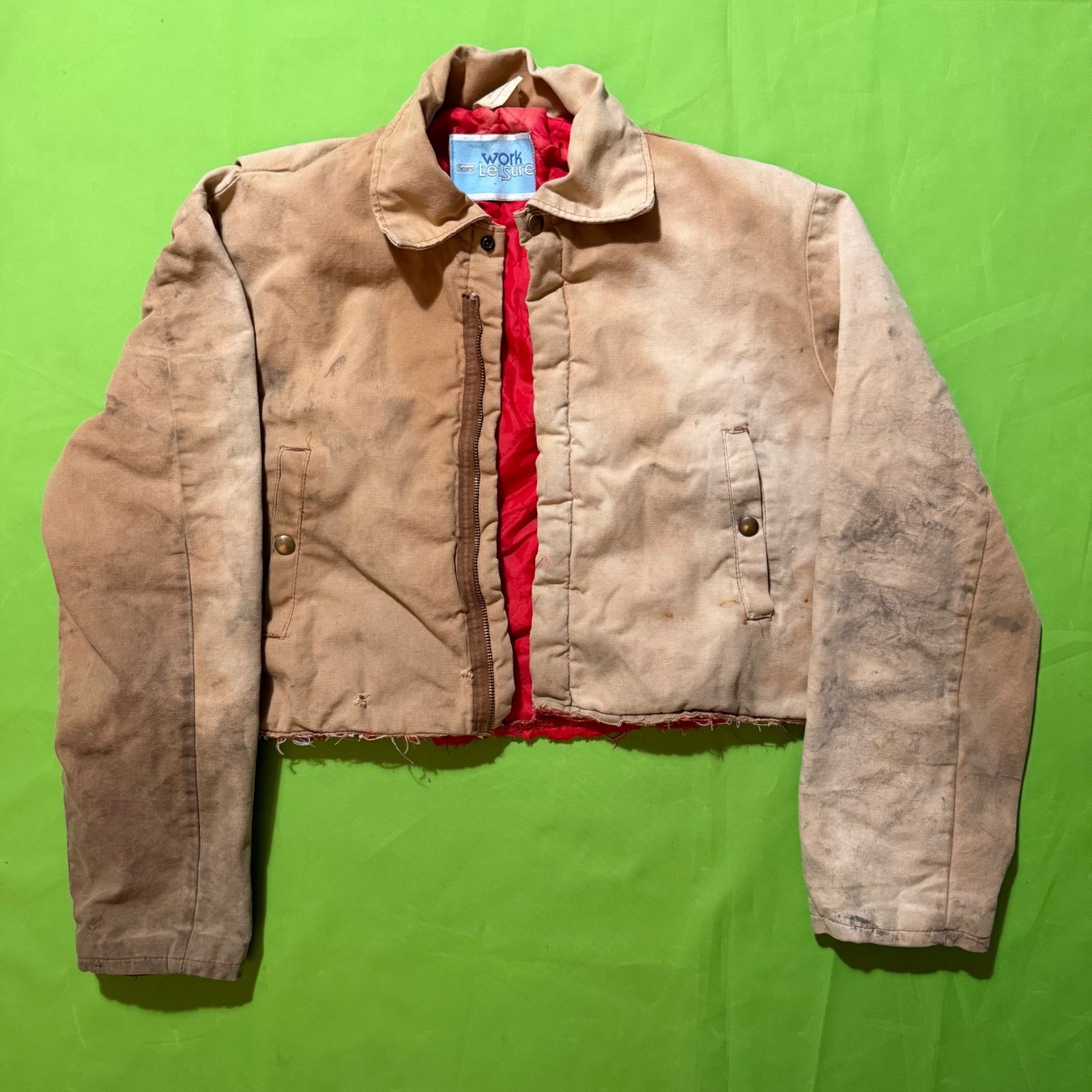 Large Women Vintage Sears Work Leisure Cropped Canvas Jacket Tan Distressed