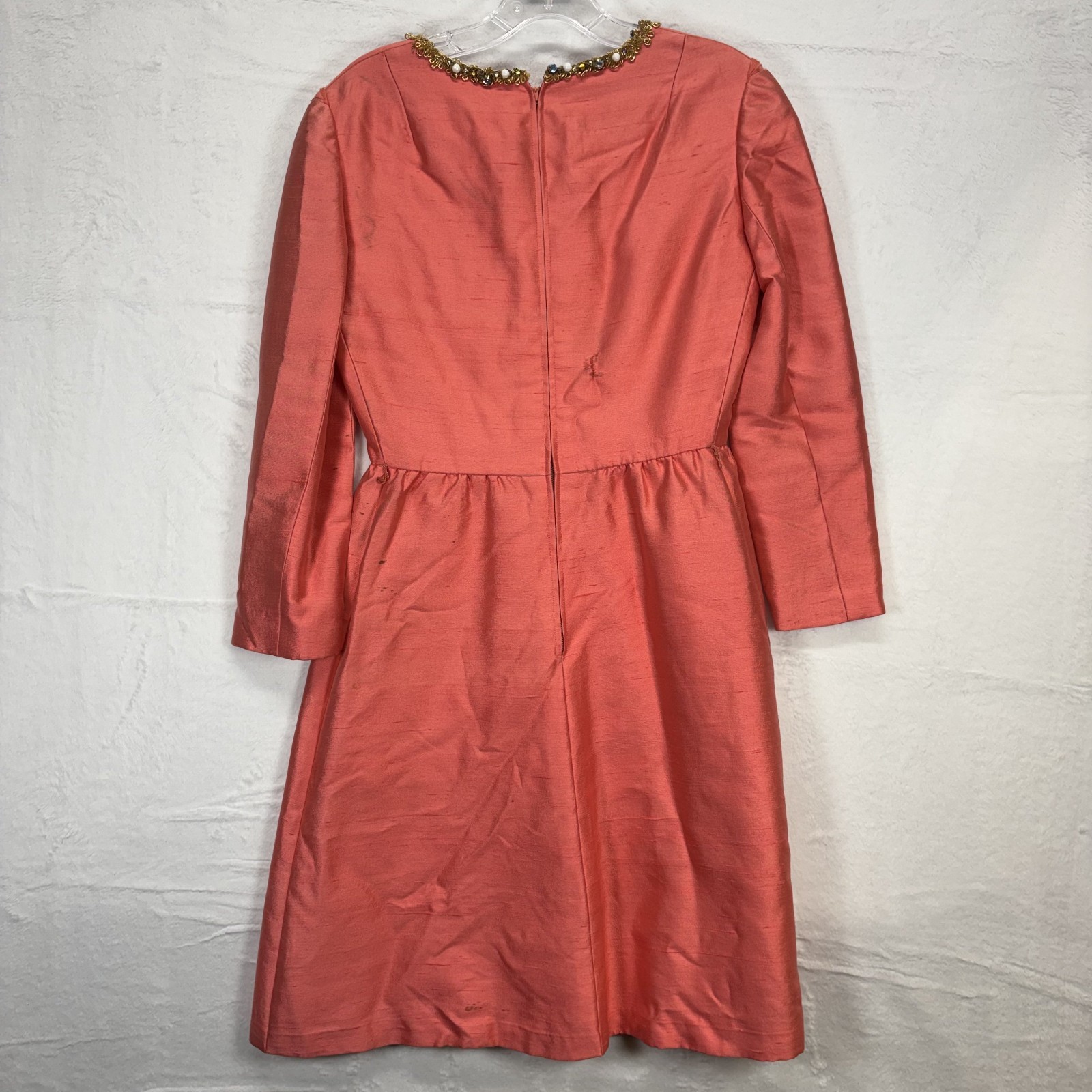 Vintage Gino Charles Dress Silk Wool Pink Beaded V Neck Mod Cocktail 60s Size 6