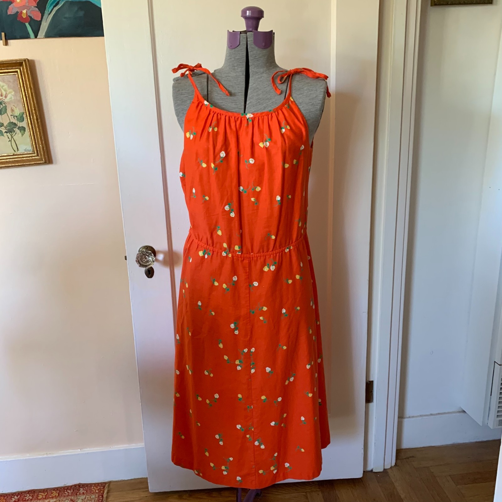 Vintage 70s Malia Honolulu Orange Floral Cotton Tie Strap Midi Dress Size 10
