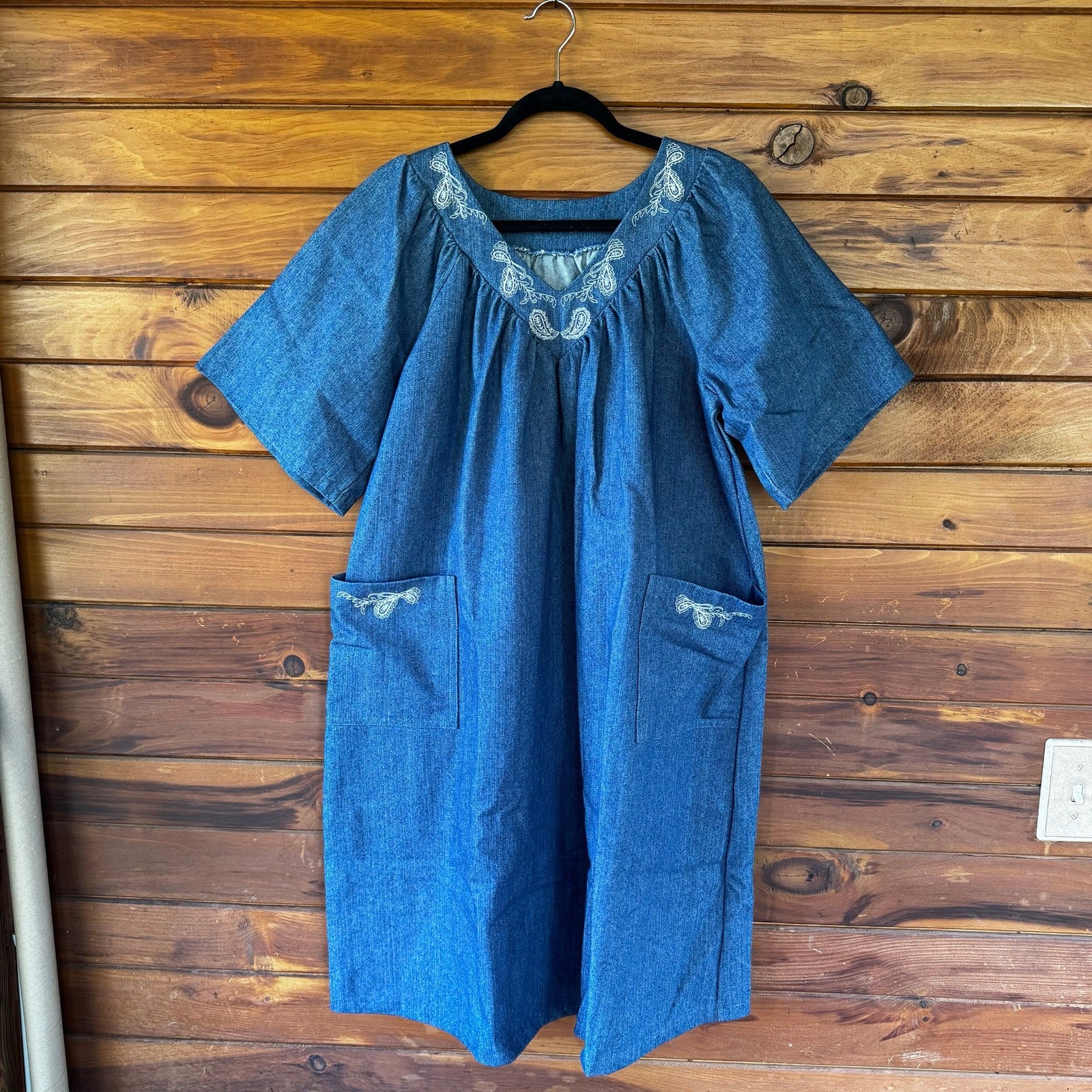 VTG Handmade Cotton Denim Caftan Smock Mumu House Dress Size Small
