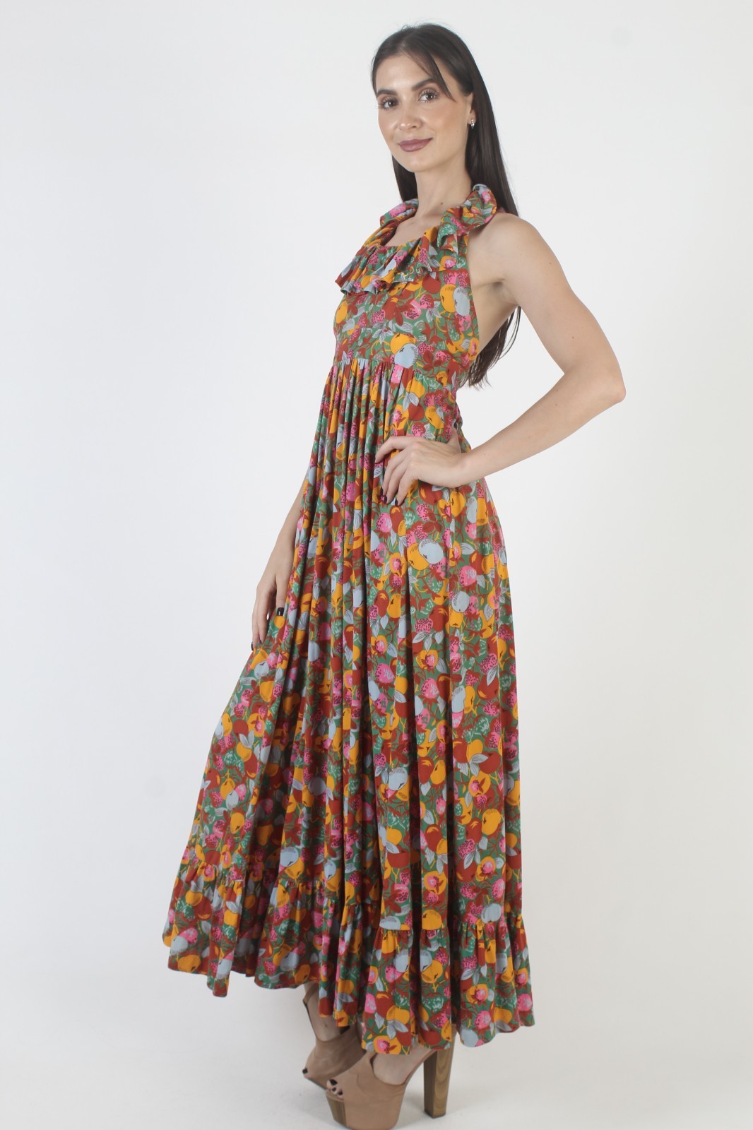Vtg Climax by David Howard Halter Dress Prairie Hippie Floral Open Back Sundress