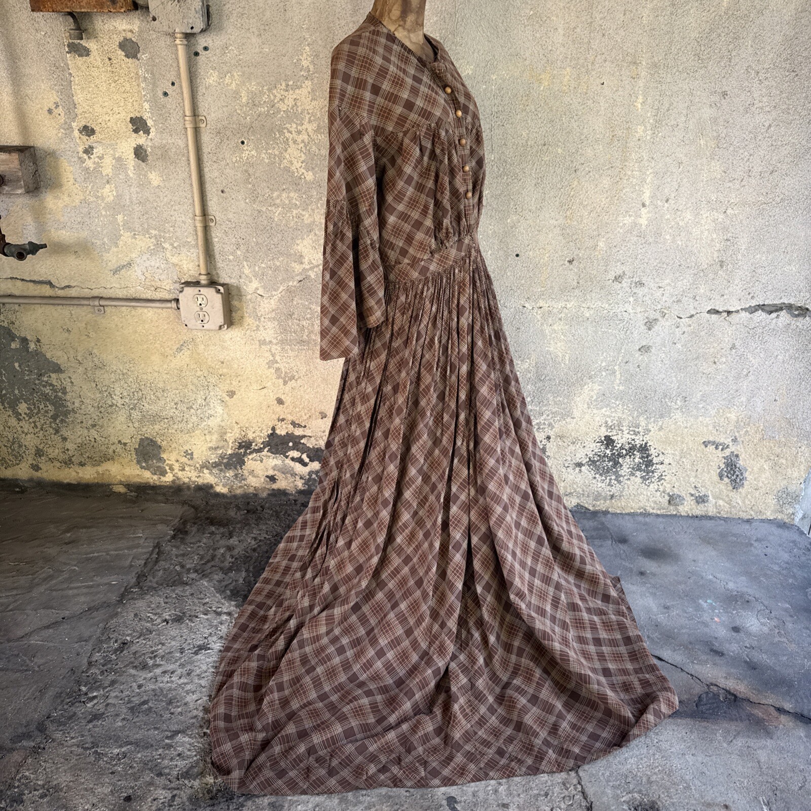 Vintage 1930s Brown Green & Orange Plaid Linen Dress Maxi Bell Sleeves Wooden