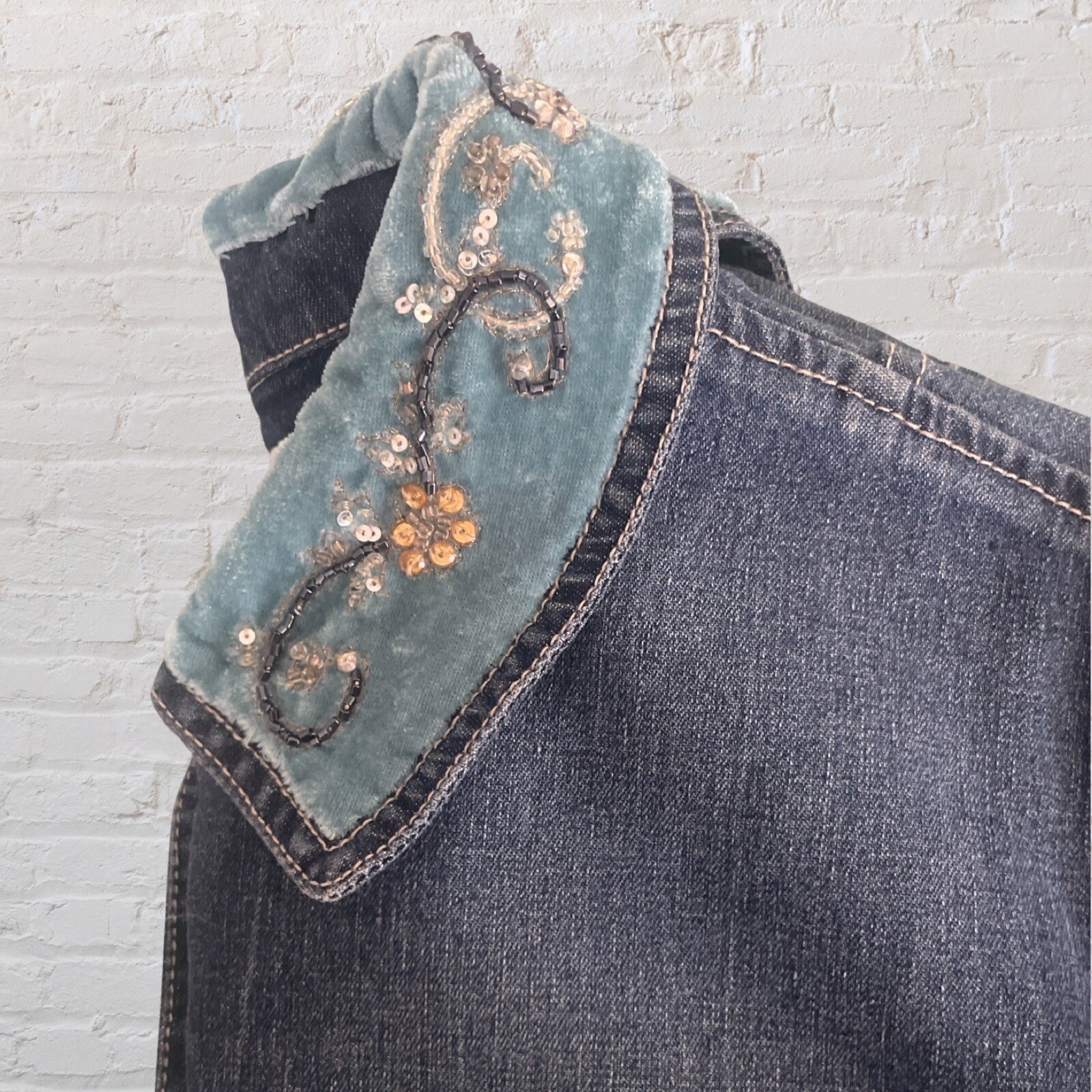 Vintage 90’s Y2K Denim Jacket With Valve Beaded Collar Boho Cottagecore Fairy