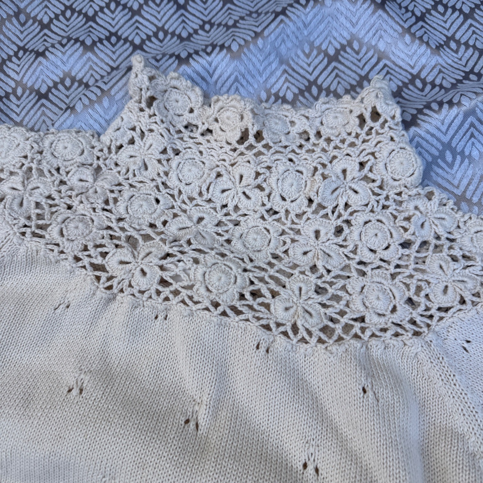 In-Wear Vintage 1980s Sweater Cream Crochet Lace High Neck Pointelle Cotton