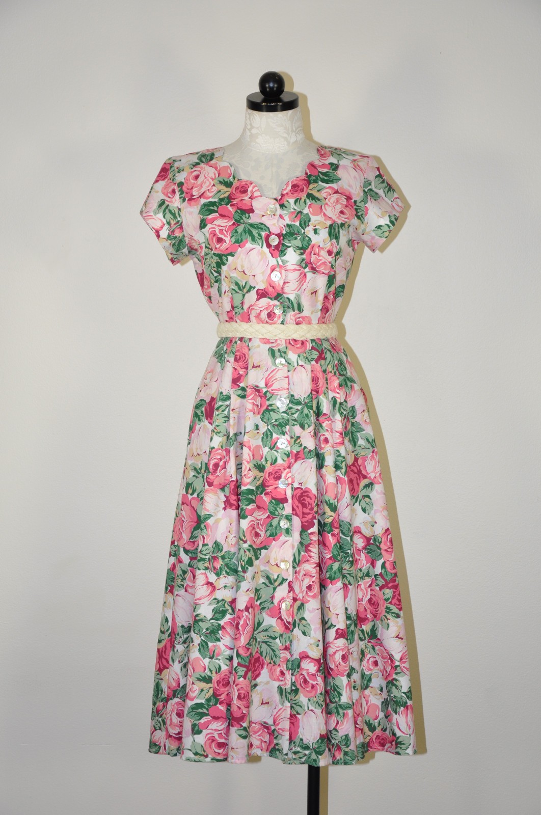 80s Vintage Pink Rose Garden Floral Scalloped Romantic Midi Shirtdress Women S