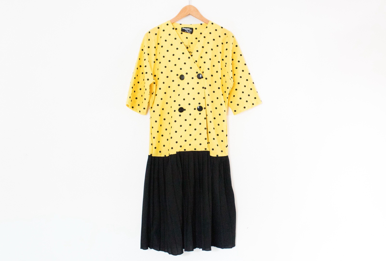 Whirlaway | Vintage 80’s Yellow & Black Polka Dot Drop Waist Dress | Size 14