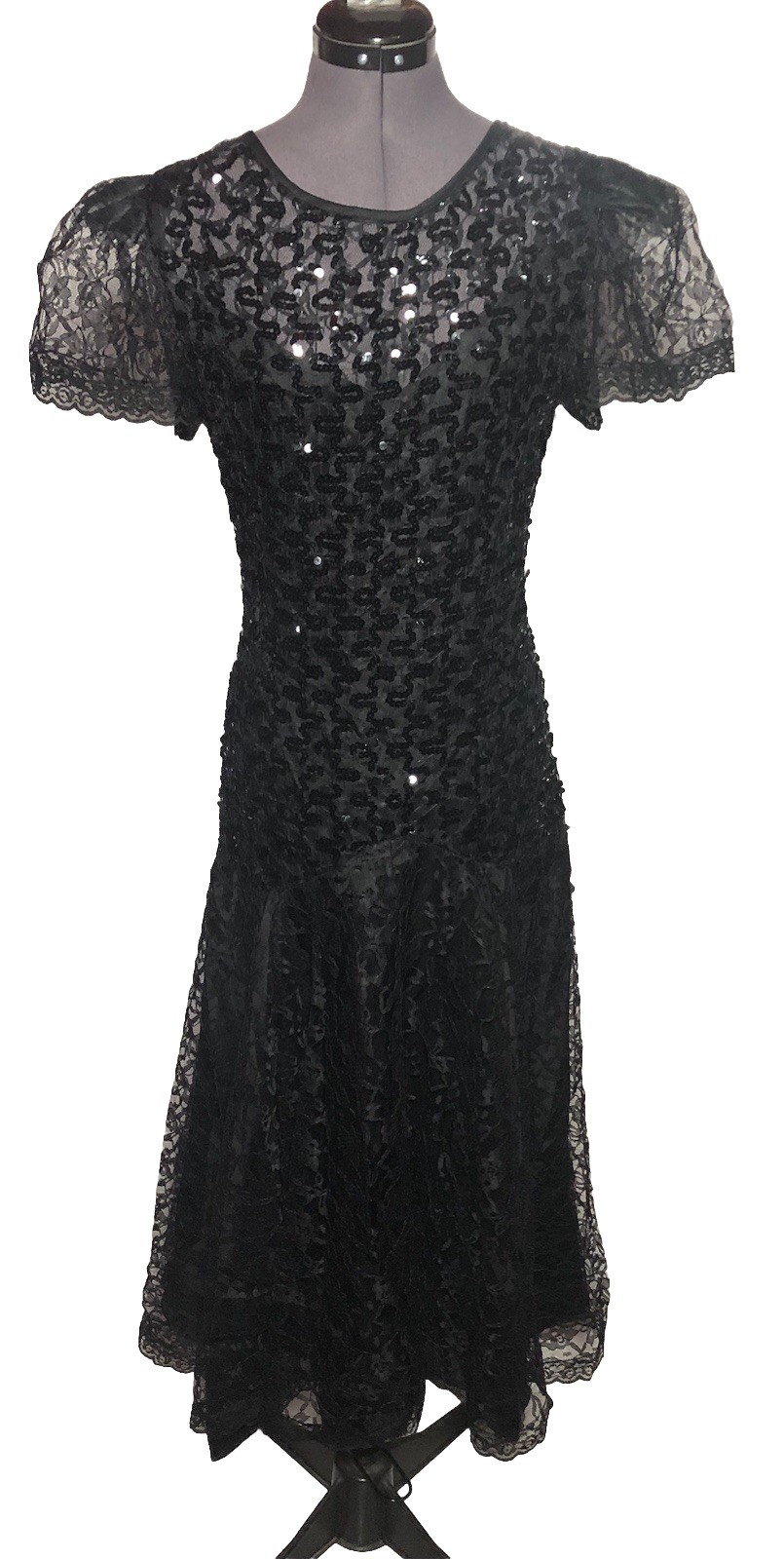 Vtg 90s Goth Lace Sequin Dress Black Witchy Whimsygoth Witchy 39-33-39 DAMAGED M
