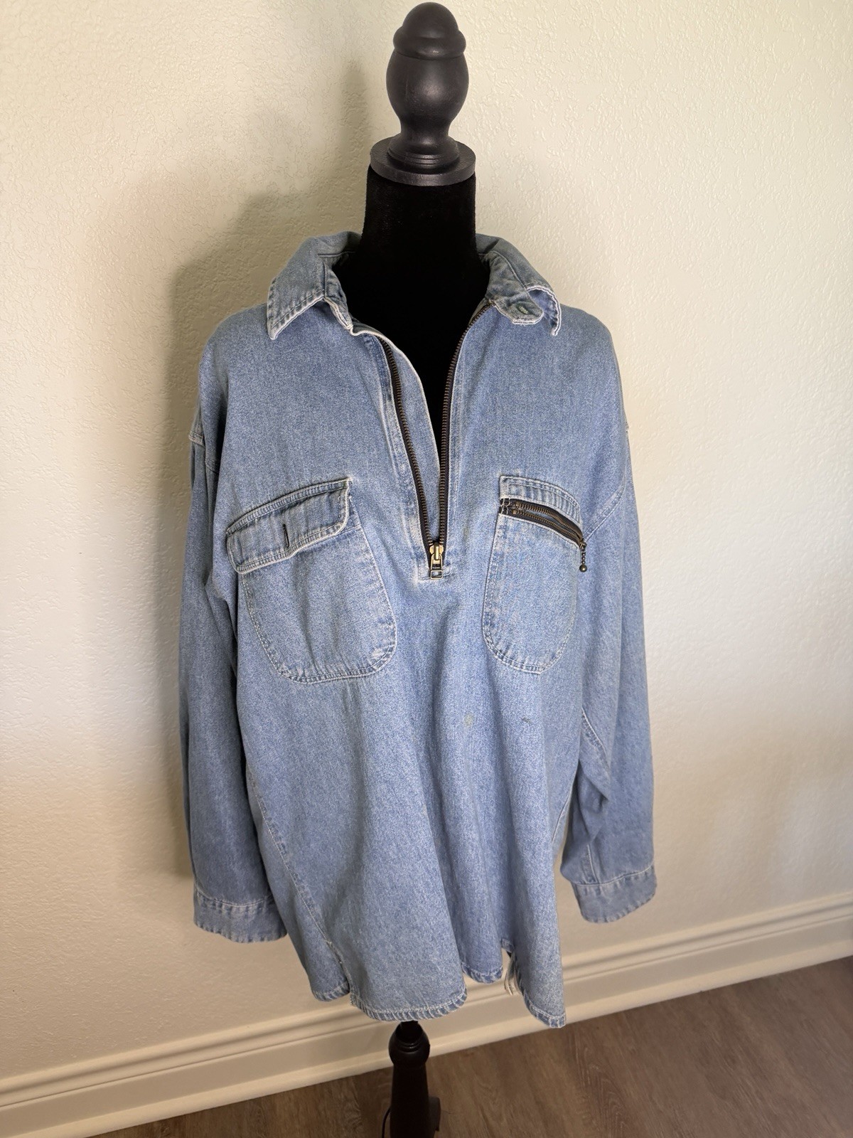 Vintage 90s Tommy Hilfiger Denim Half Zip Pullover Shirt S/P Oversized Jean Top