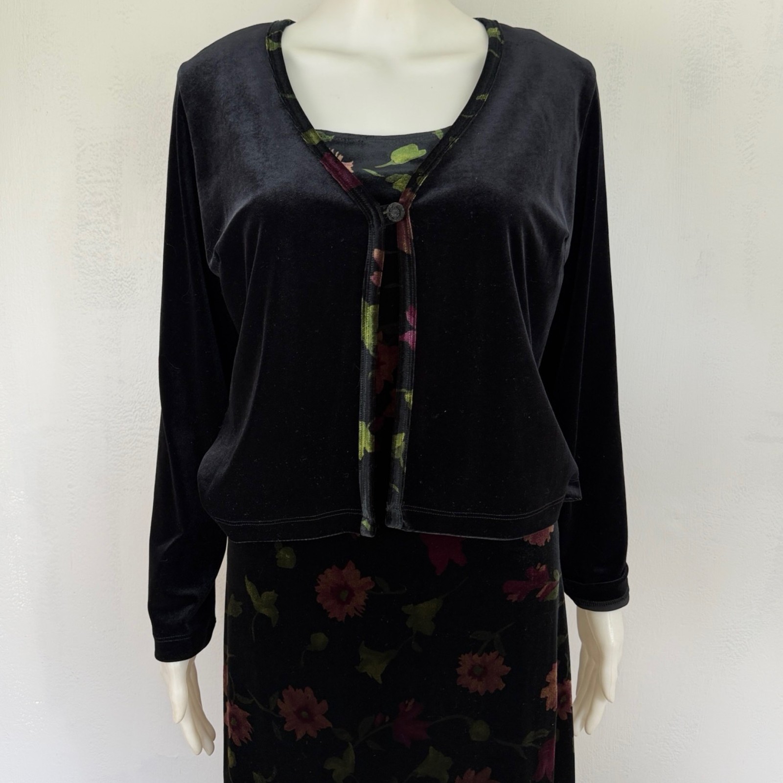 Vintage Crushed Velvet Dress & Jacket Set Size Small 90s Black Floral Maxi