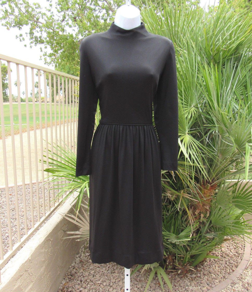 VINTAGE 1960s MOD ANNE FOGARTY BLACK LONG SLEEVE DRESS TIE BACK POLYESTER