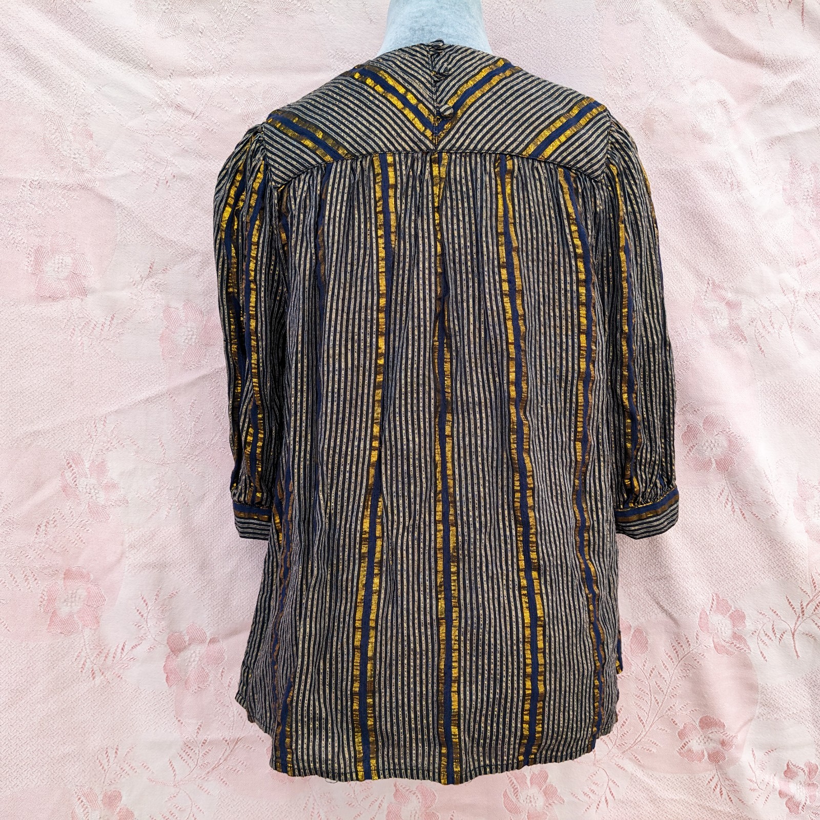 Vintage 70s Adini India Blouse S Navy Gold Lurex Metallic Stripe Boho Tunic Top