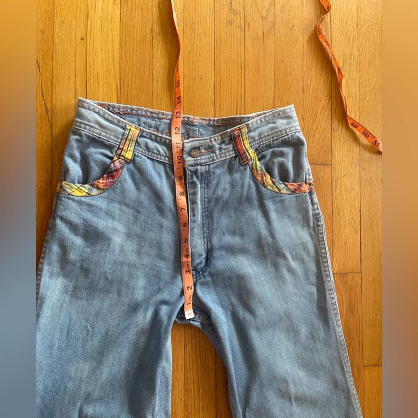 70s Vintage Faded Glory Light Wash Bell Bottoms w. Plaid Detailing