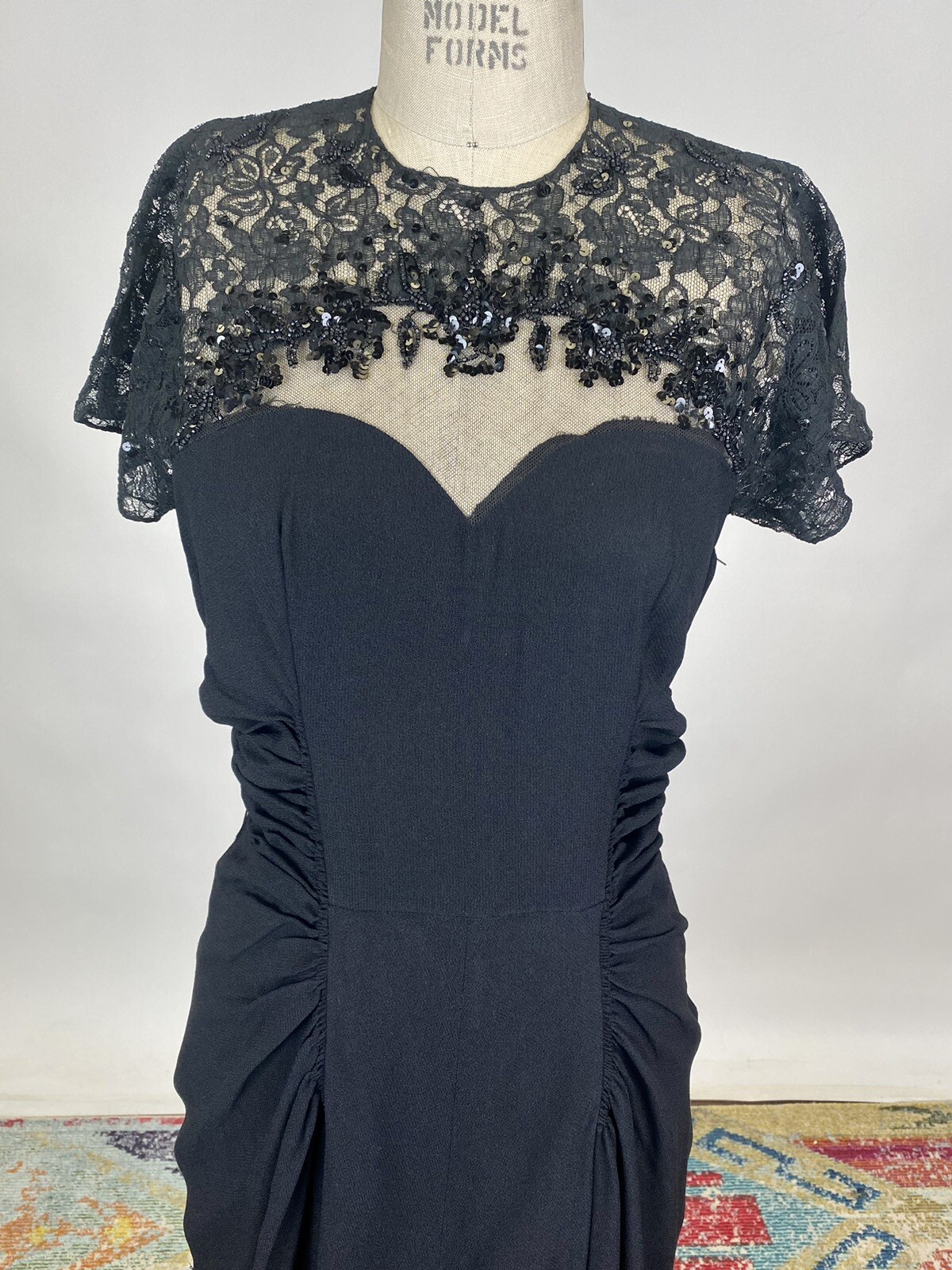 Antique Vintage 1930s Black Rayon Beaded Dress Lace Bodice Rouched Waist AS IS