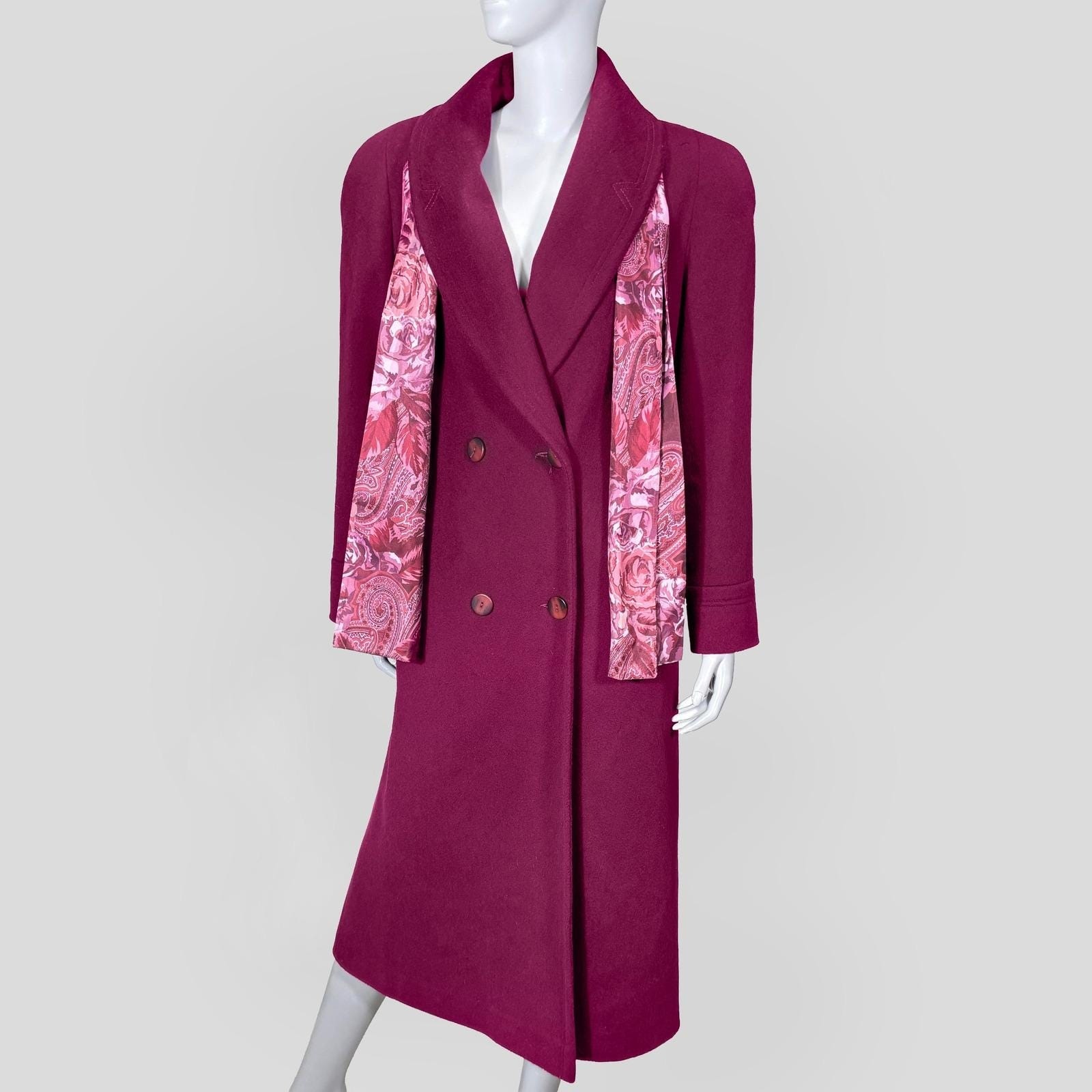 VTG Alorna Forstmann Magenta Wool Blend Coat with Scarf Womens L Peacoat