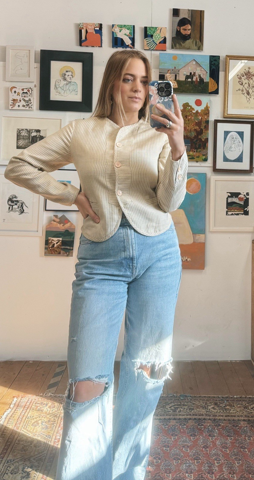 Vintage 1980s Bern Conrad Blazer Tan Striped Linen Blend Top Designer Jacket