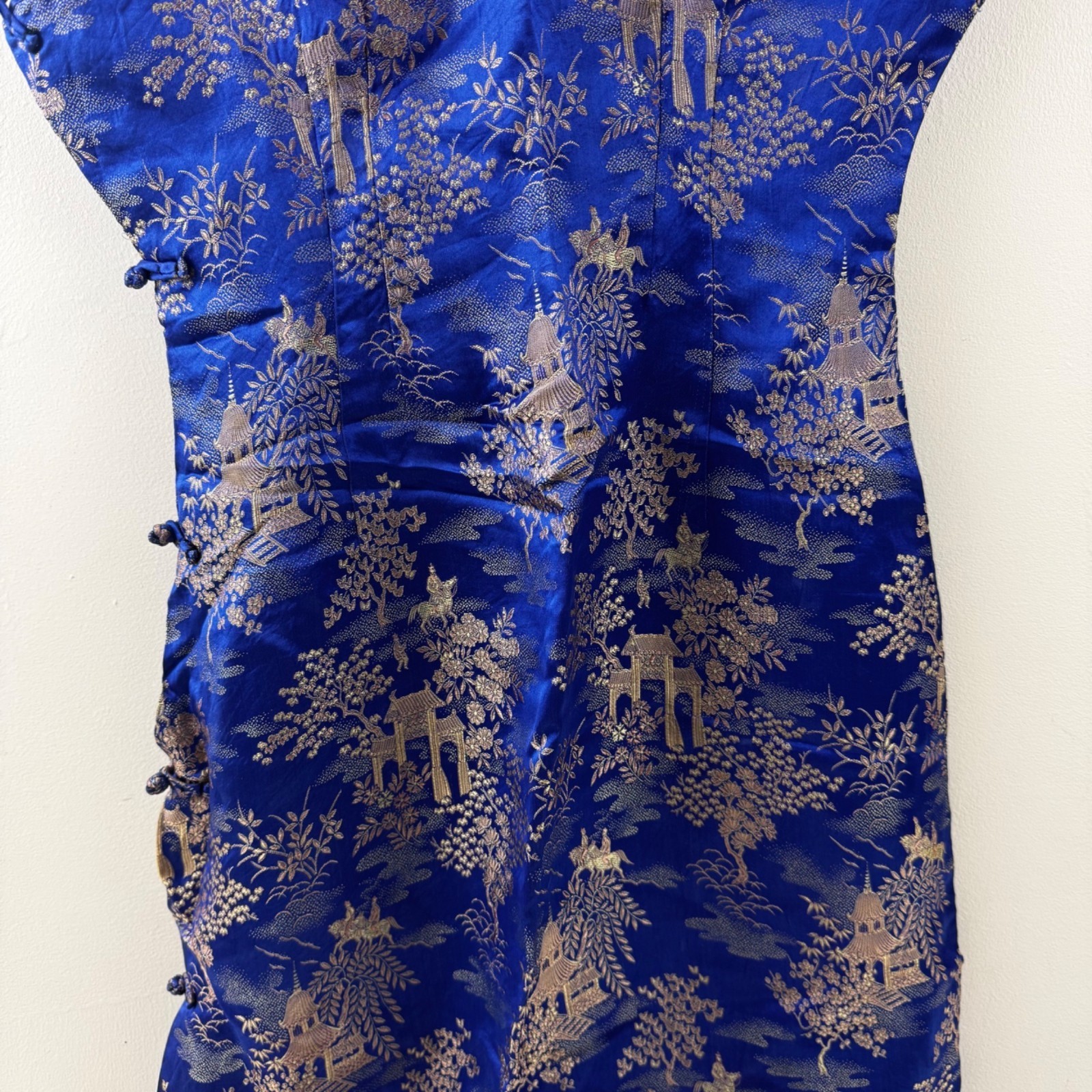 Vintage Blue & Gold Asian Brocade Cheongsam Dress With High Collar & Side Button