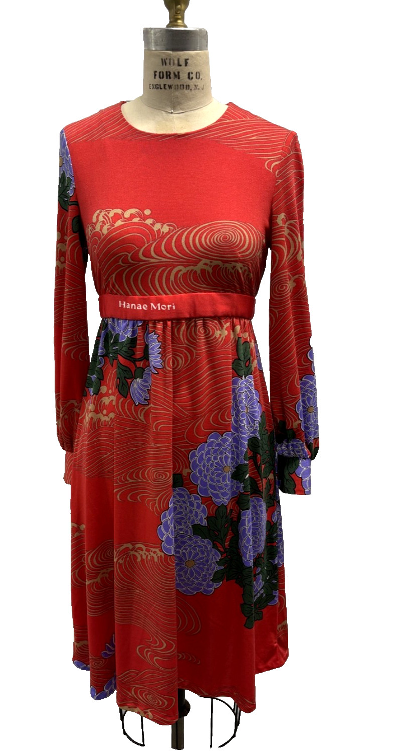 Vintage 60/70’s Hanae Mori Ban- Lon Dress Vivid–Red w/ Asian print – 8