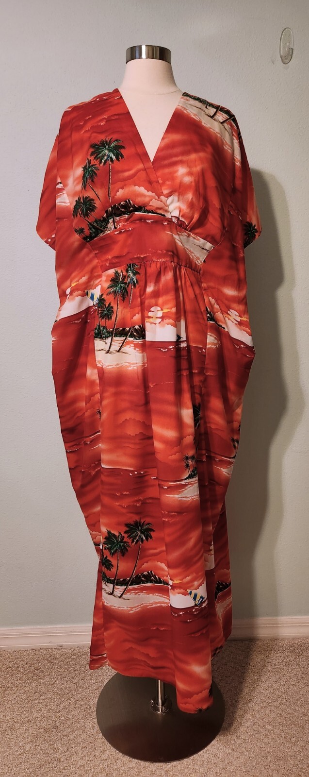 Vintage 1970s Red Sailing Hawaiian Tropical Beach Maxi Kaftan Back Tie One Size