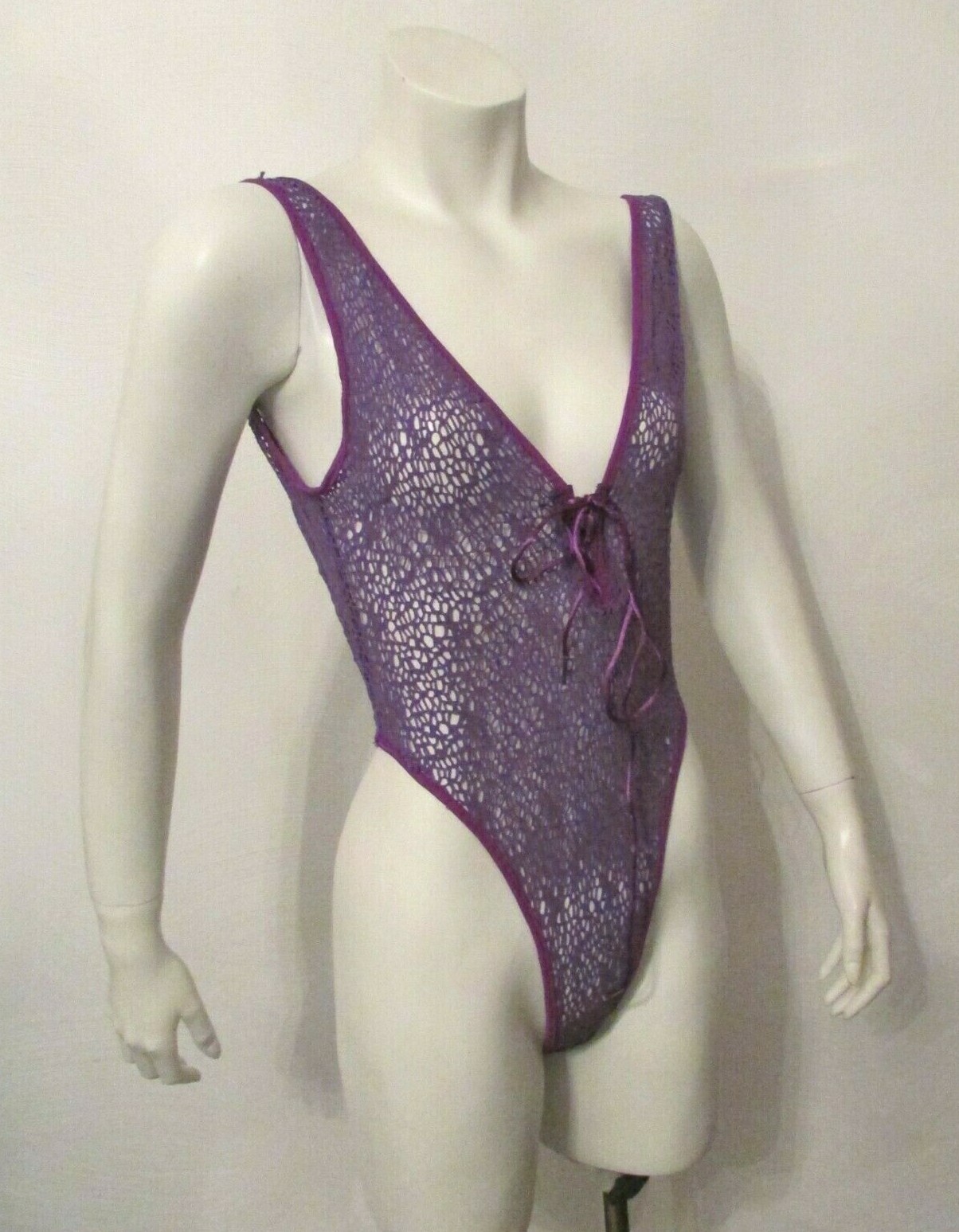 70’s Shirley of Hollywood 725 Purple Fishnet Hi Leg Bodysuit Teddy L made in USA