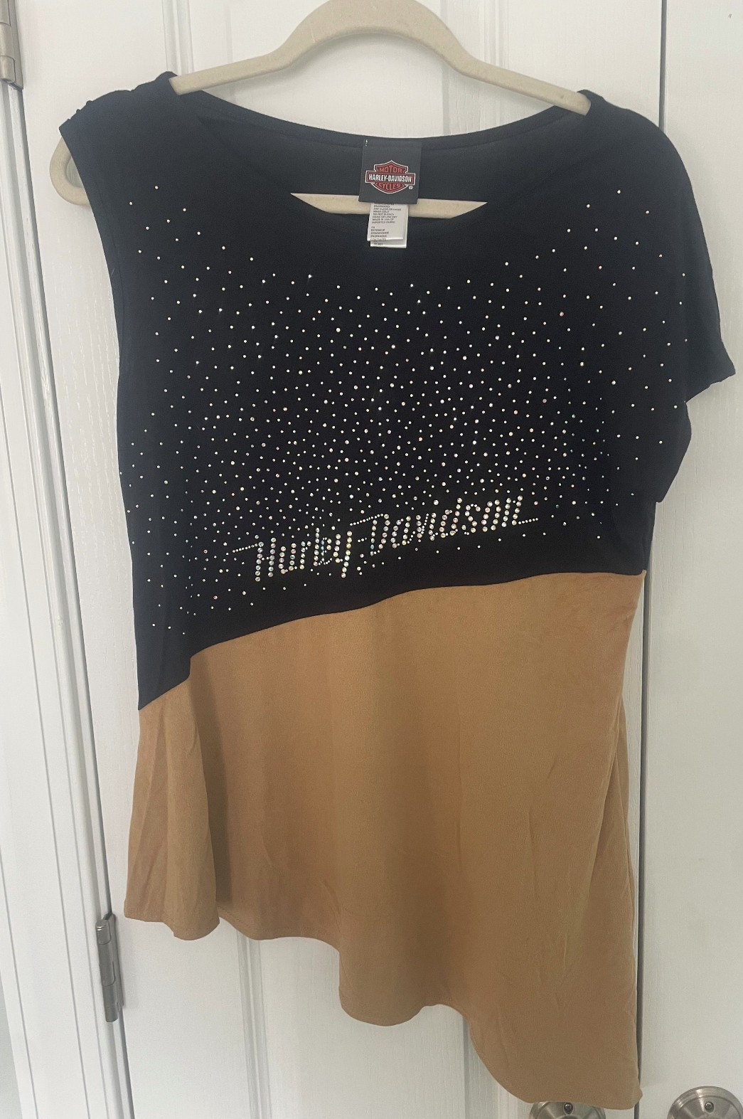 Vintage Harley Davidson Shirt Women’s XL Asymmetrical Black Cream Rhinestone