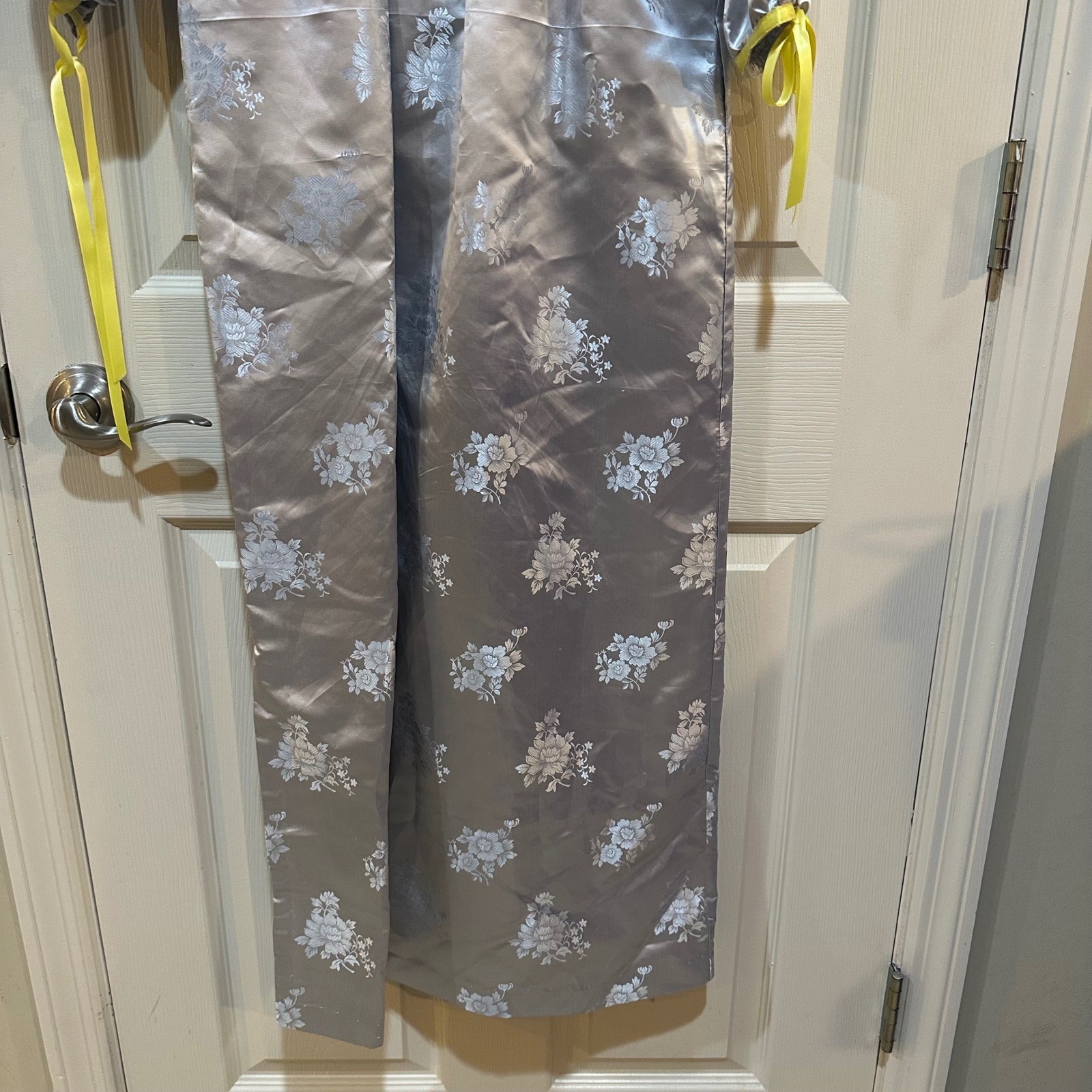 Vintage Silver Floral Damask Maxi Dress Yellow Ribbon Ruffle Collar Handmade