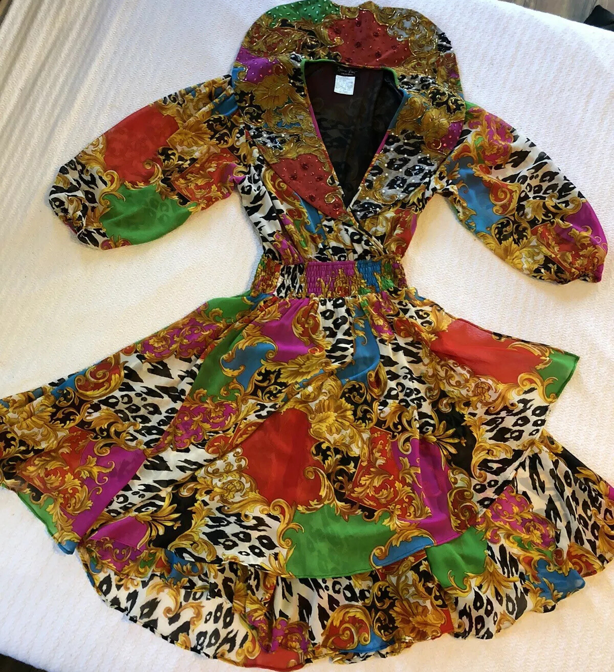Vintage 80s Diane Freis Beaded Baroque Dress Ruffle Collar Puff Balloon Sleeves