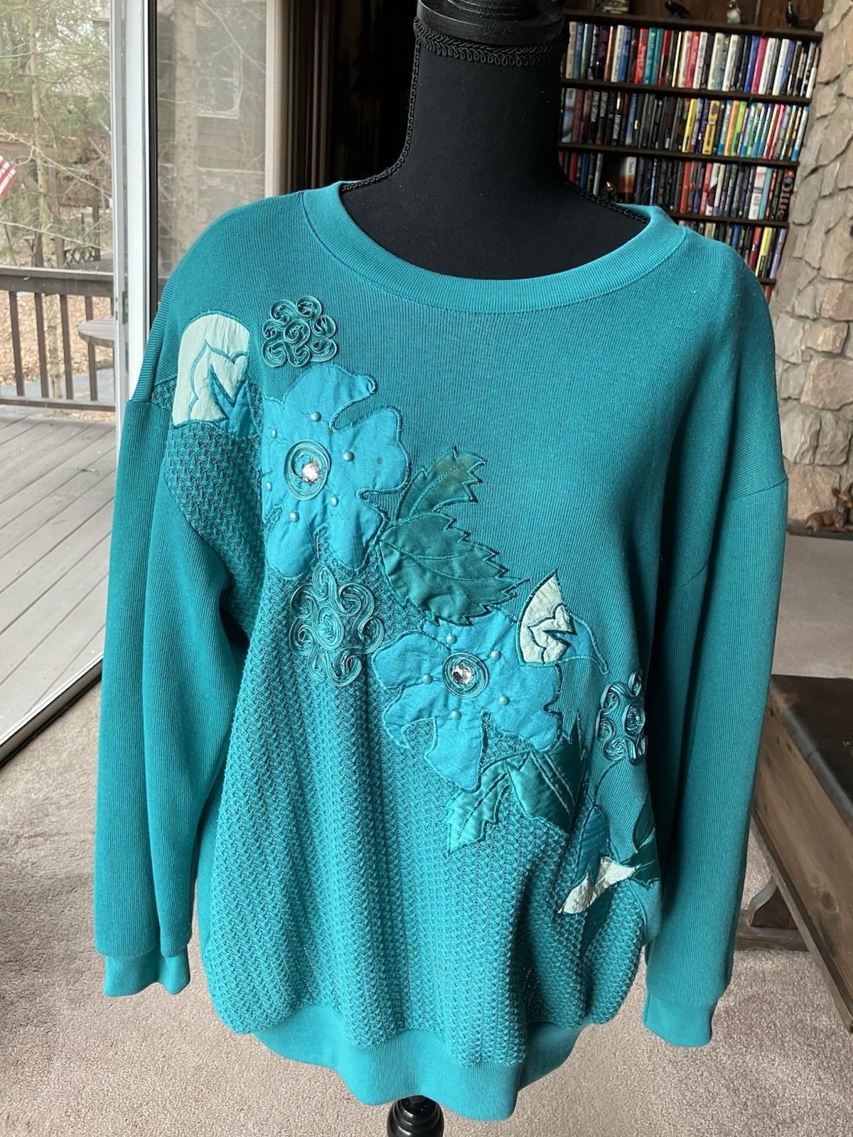 Vintage Adolfo Sport Woman’s Green Pullover Appliquéd w/ Rhinestones Sz. Large
