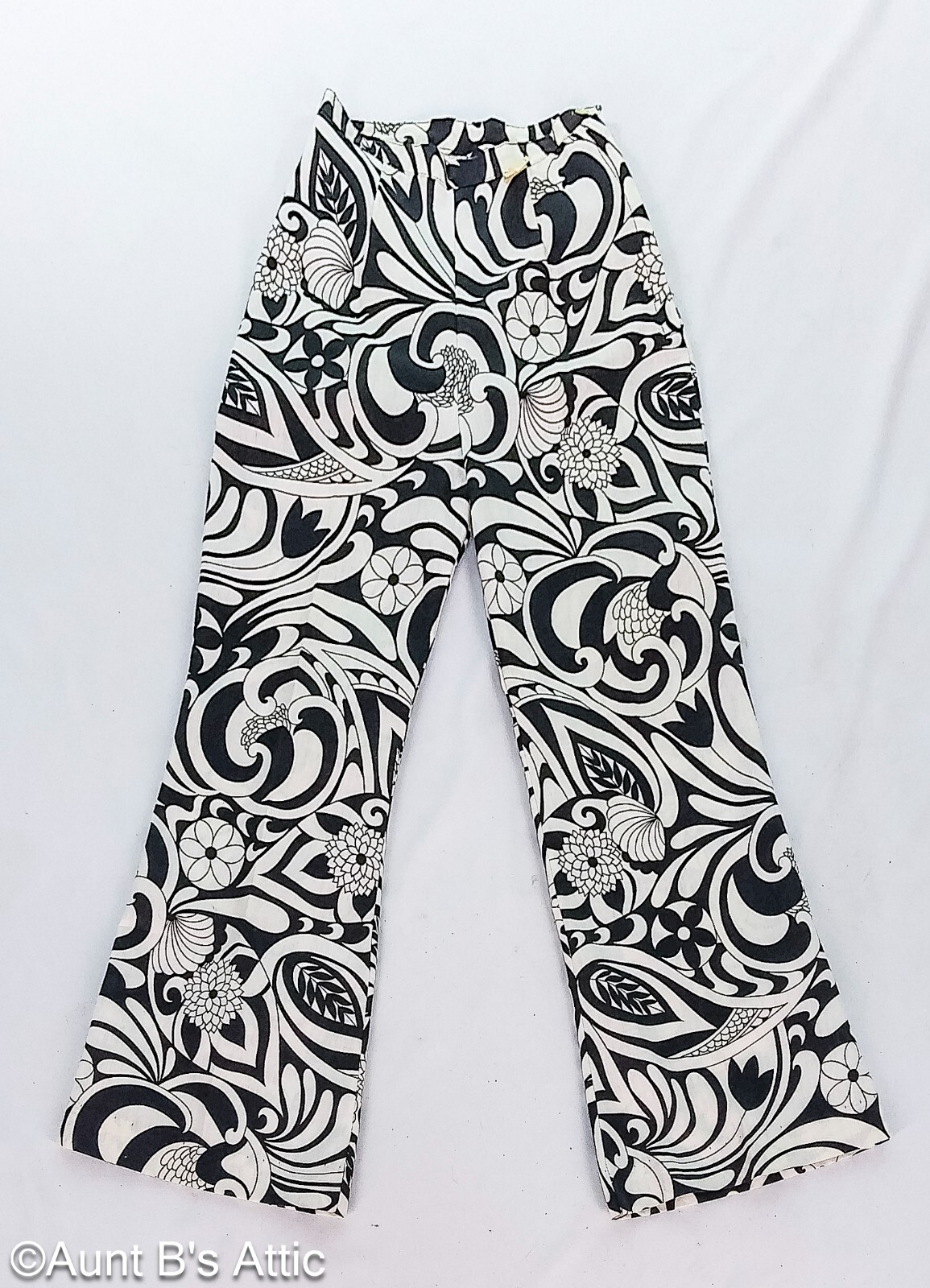 Vintage 60’s Ladies Blk/Wht Psychedelic Print Side Zip Flare Leg Pants XXS