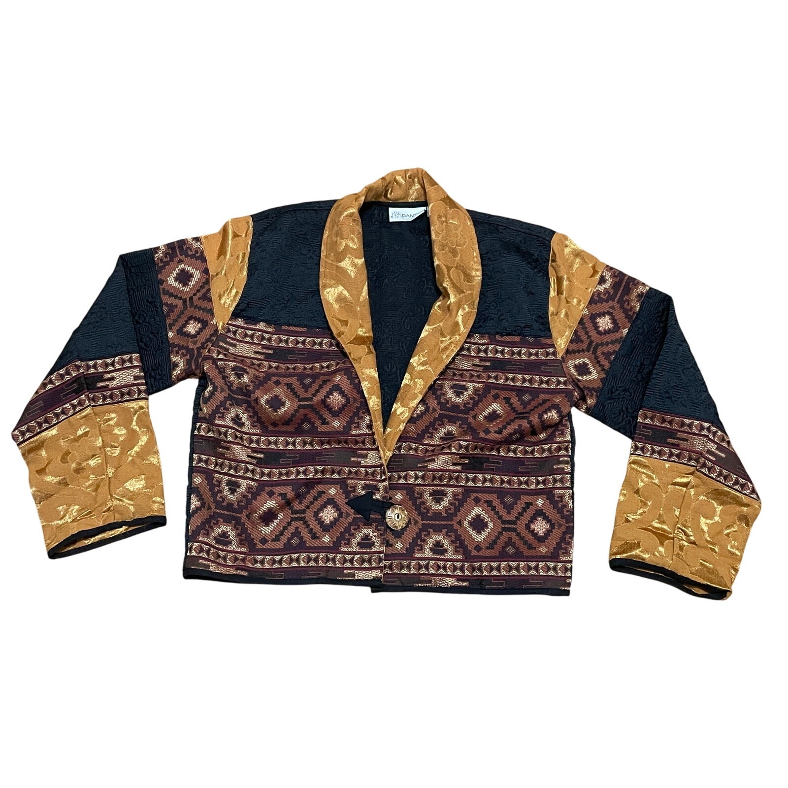 Gantos Vintage Cropped Tapestry Jacket Gold Black Jacquard Shawl Collar Large