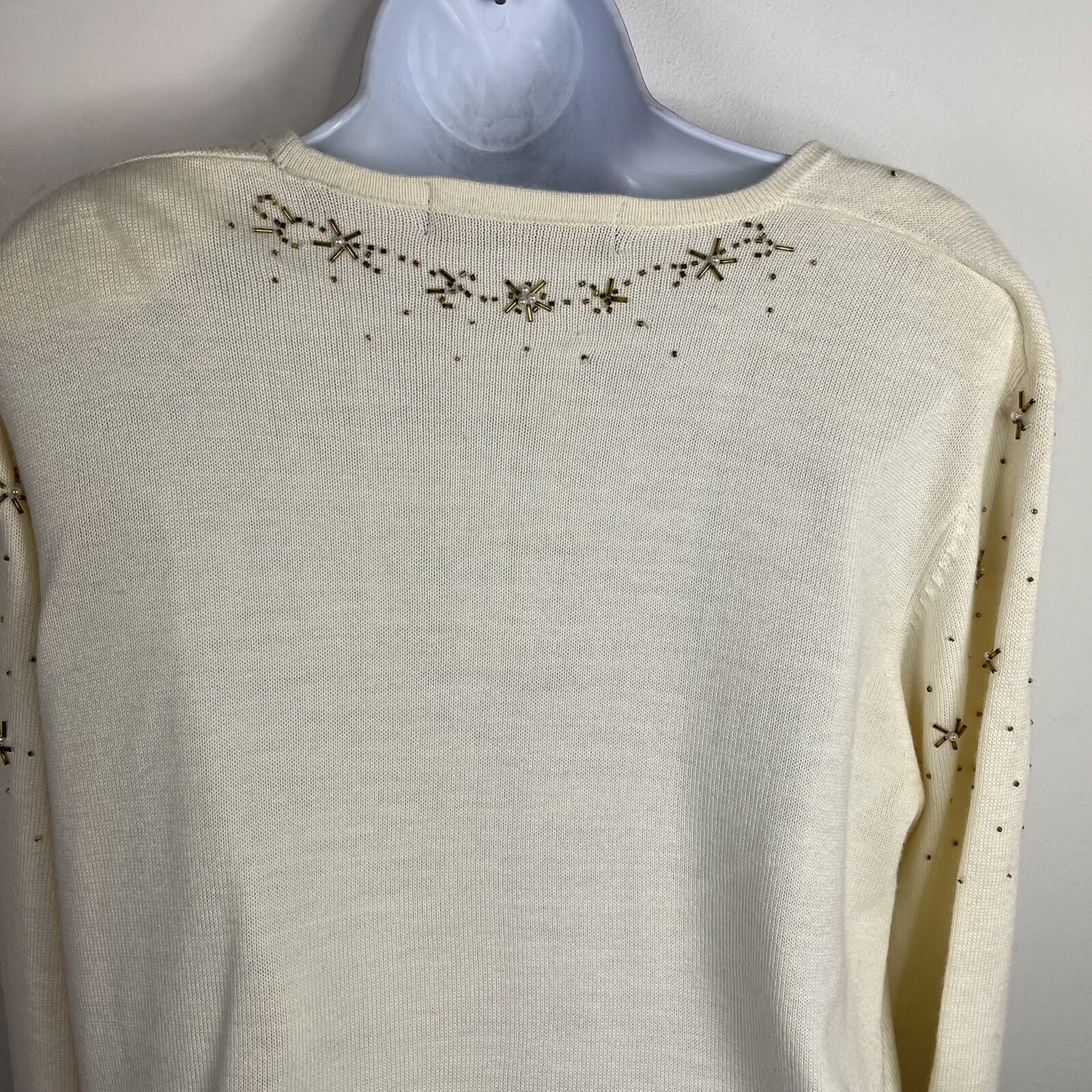 Karen Scott Cardigan sz L Ivory Gold Embroidered Snowflake 90s Retro VINTAGE vtg