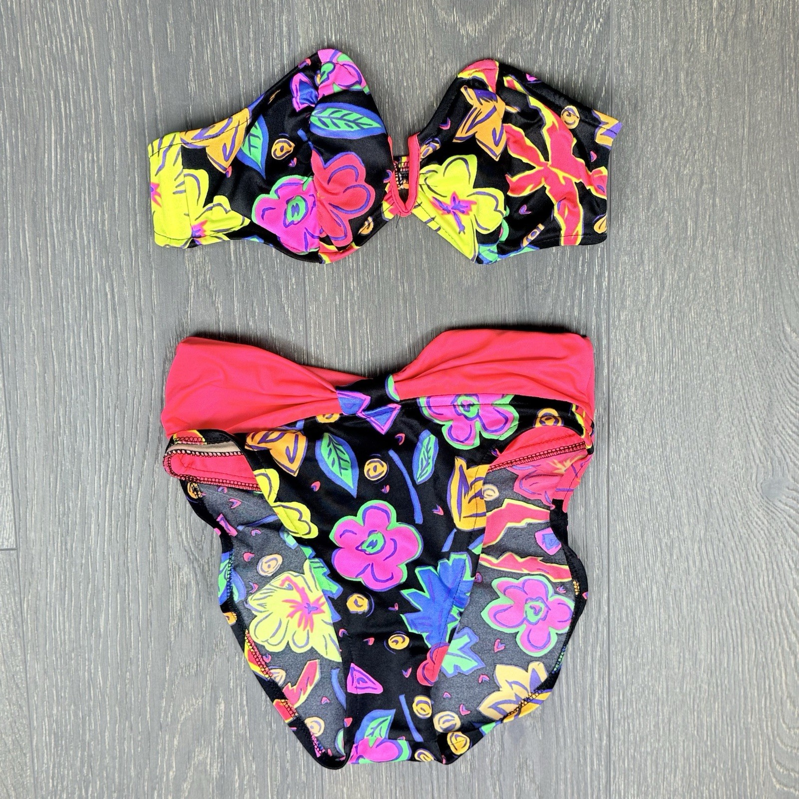 Vtg 90’s HOBIE Neon Notch Bandeau Bikini Top & Bottom Sz 5/6 Small MADE IN USA