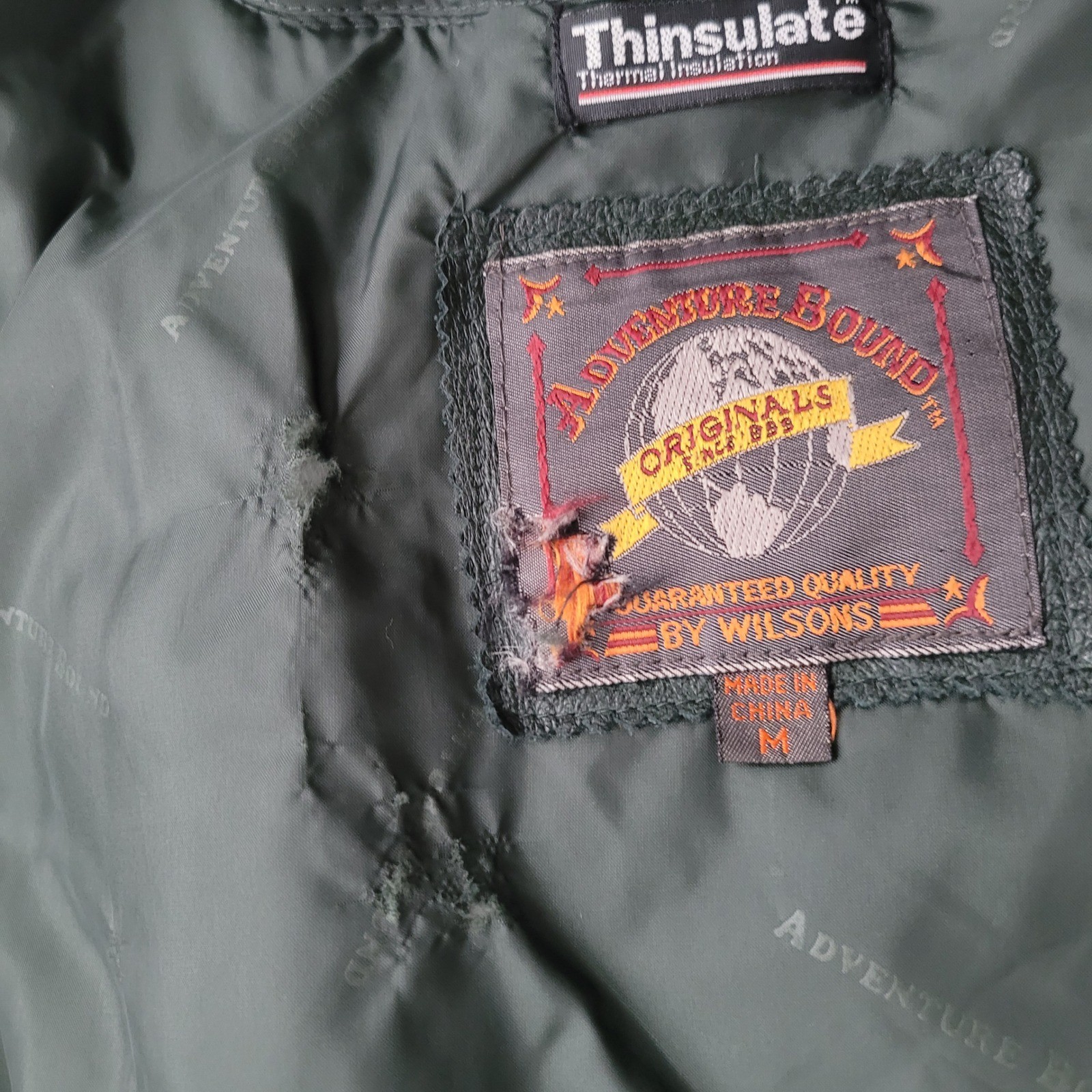 Vintage Adventure Bound Wilson’s dark green leather bomber jacket thinsulate