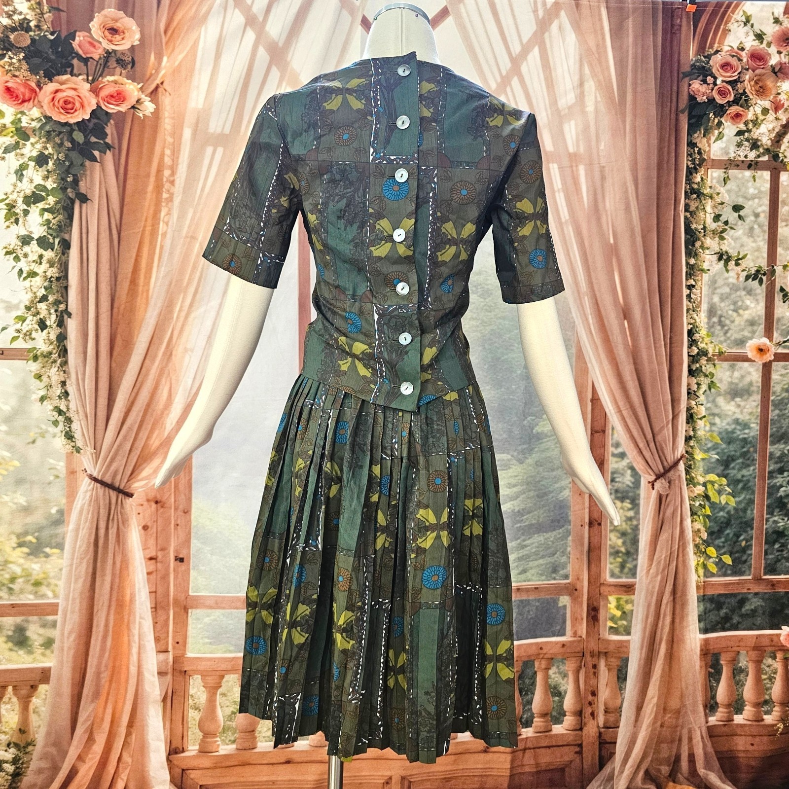 Vintage 1960’s Blouse Skirt Set Back Button Closures Pleated Skirt Olive Blue