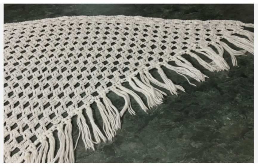 Vintage Hand Made Boho Open Weave Crochet Fringed Shawl Wrap Kimono Oversized