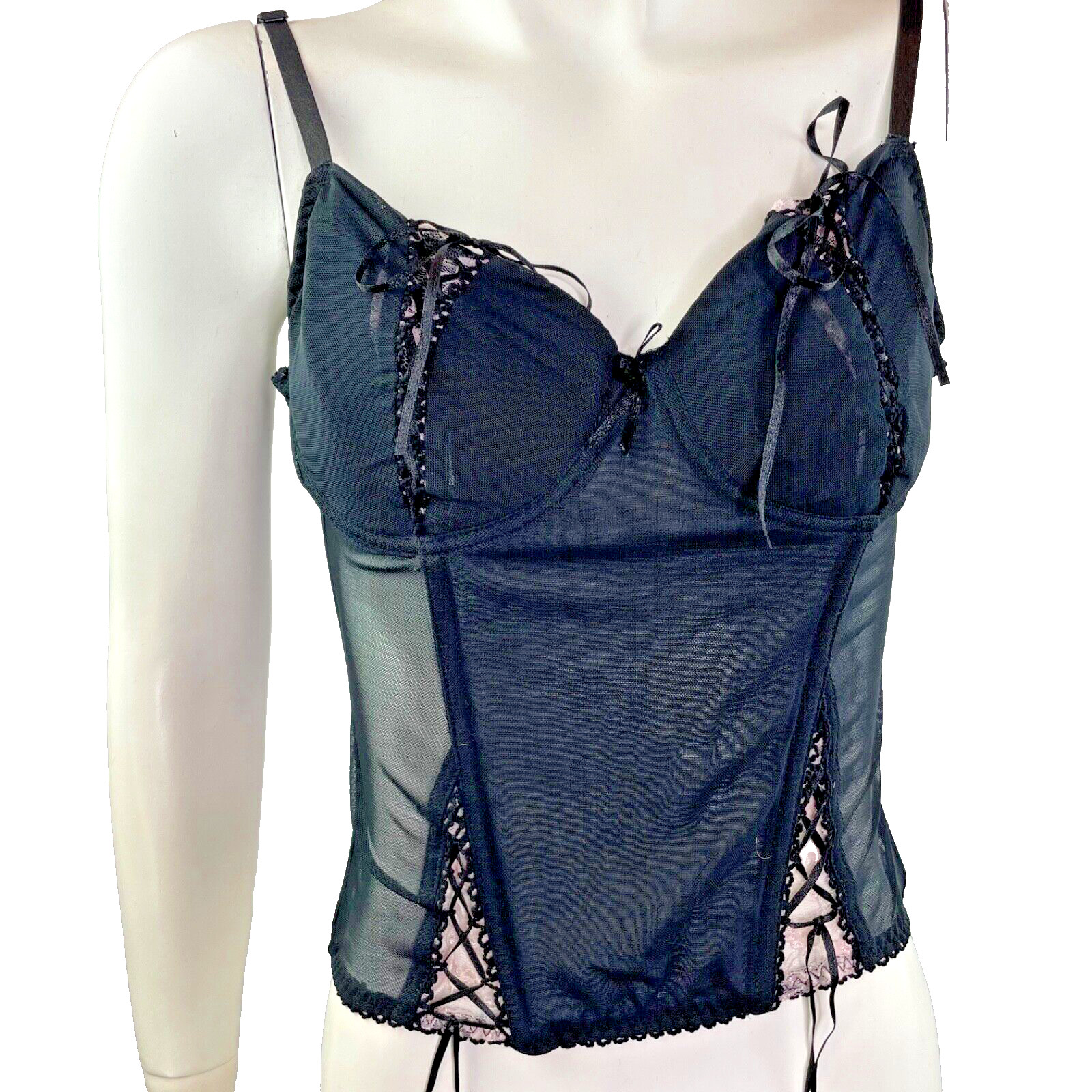 Jolie Intimates Black Semi-Sheer Mesh Lace Boned Bustier Corset Top UW Bra 36C
